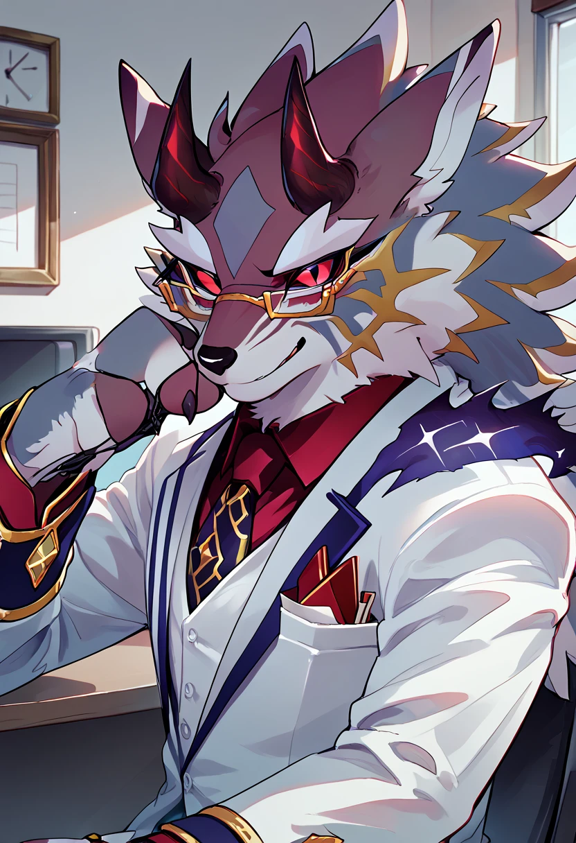 score_9, score_8_up, score_7_up, high quality, hires, solo, bael, housamo, tokyo afterschool summoners, furry, red sclera, glasses, formal clothes, close up, looking at viewer, office, <lora:Bael_TAS_Housamo:1>, <lora:add-detail-xl:2>