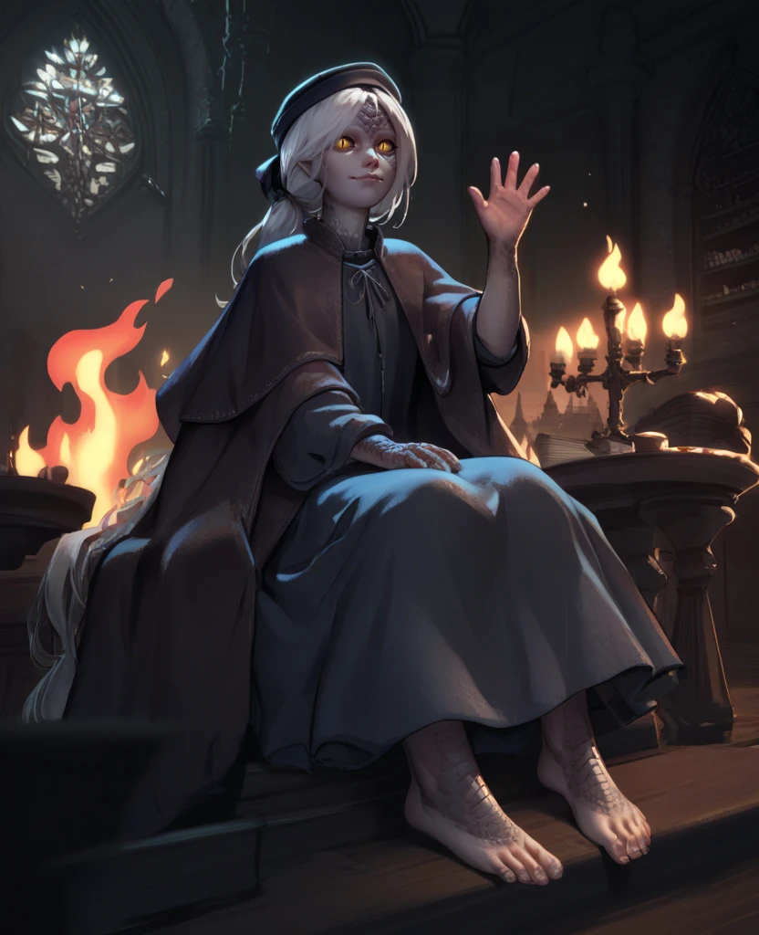 score_9,score_8_up,score_7_up,score_6_up,
thepnterxl,facial mark,yellow eyes,slit pupils,scales,white hair,ponytail,
hat,dress,capelet,sitting,looking at viewer,feet,waving,
indoors,castle,night,flames,
<lora:thepainterXL:0.8>,