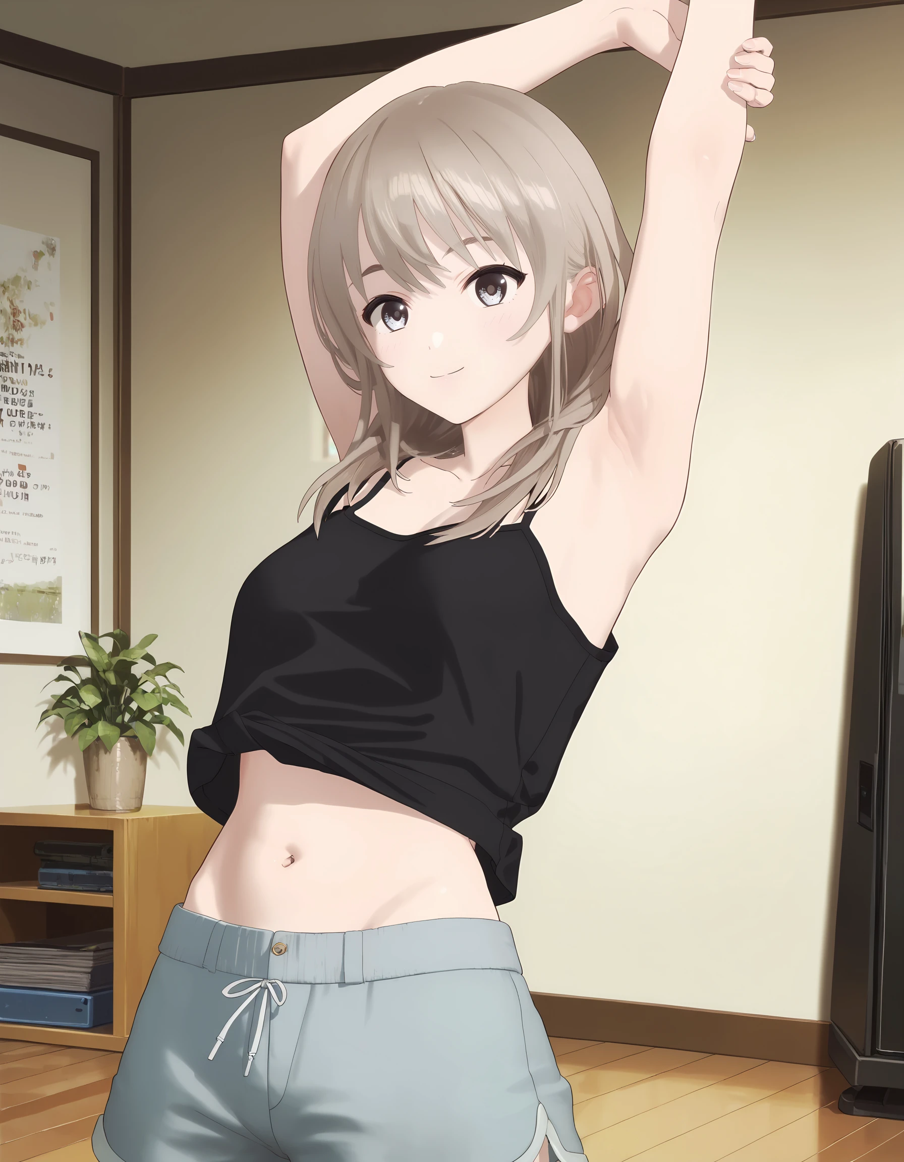 score_9, score_8_up, score_7_up
BREAK 1girl, solo, <lora:MomokaXL-v2:1>, momoka, <lora:Camisole1XL-v1-03:0.8>, black camisole, crop top, midriff, navel, shorts, looking at viewer, arms up, stretching, shirt lift, indoors, living room