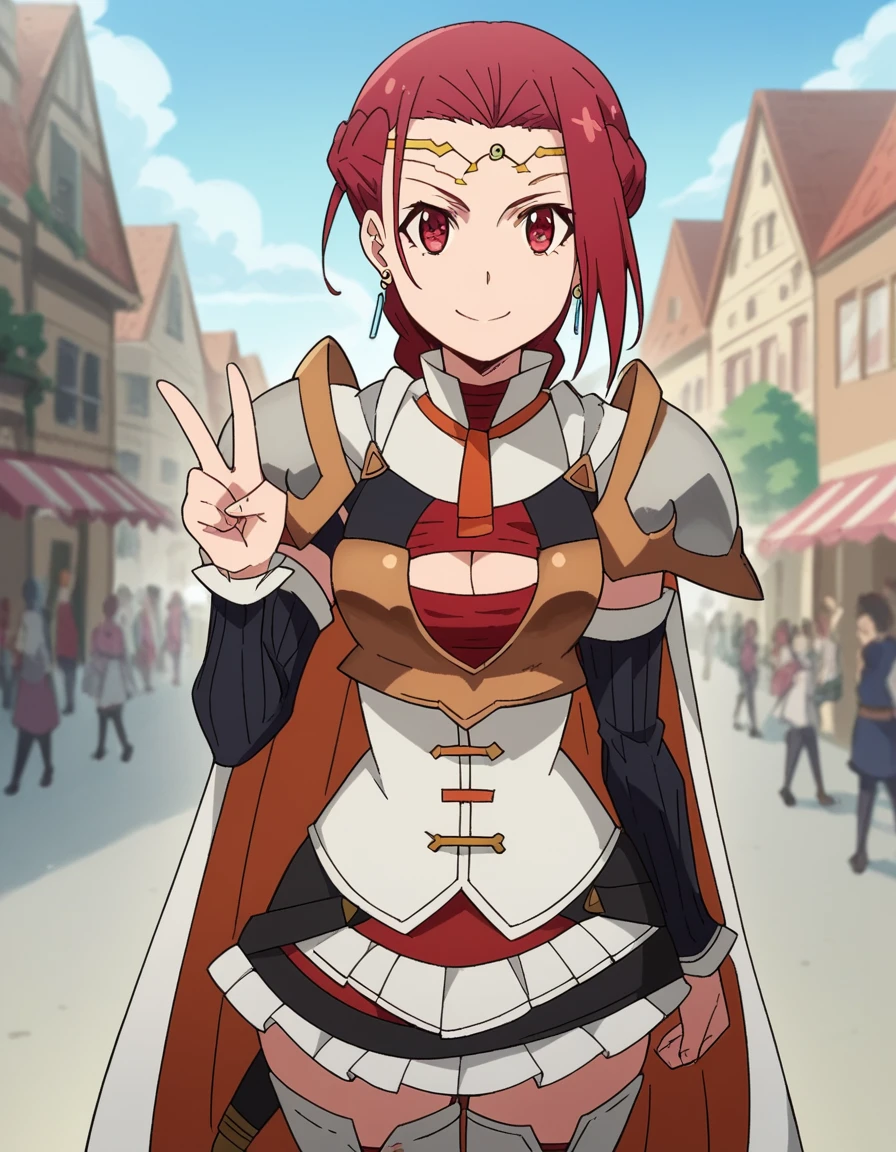 score_9, score_8_up, score_7_up, source_anime, <lora:pina-co-lada-s1s2-ponyxl-lora-nochekaiser:1>, pina co lada, short hair, red eyes, red hair, braid, single braid, braided ponytail, medium breasts,, skirt, thighhighs, cleavage, jewelry, earrings, detached sleeves, cape, armor, cleavage cutout, circlet,, street market, vendor, street food, bustling crowd, local flavor, vibrant, smile, looking at viewer, v,, solo,, cowboy shot, dutch angle