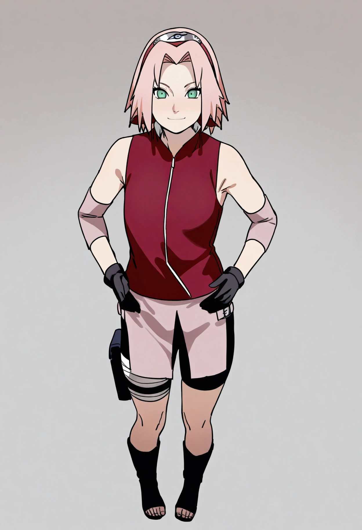 best quality, amazing quality, very aesthetic, absurdres,
1girl, haruno sakura, pink hair, short hair, green eyes, sleeveless, red shirt, forehead protector, bike shorts, shorts, black gloves,
hands on hips, smile, standing, full body, looking at viewer, solo, simple background, white background  <lora:SakuraShippudenIllustriousXL_byKonan:1>