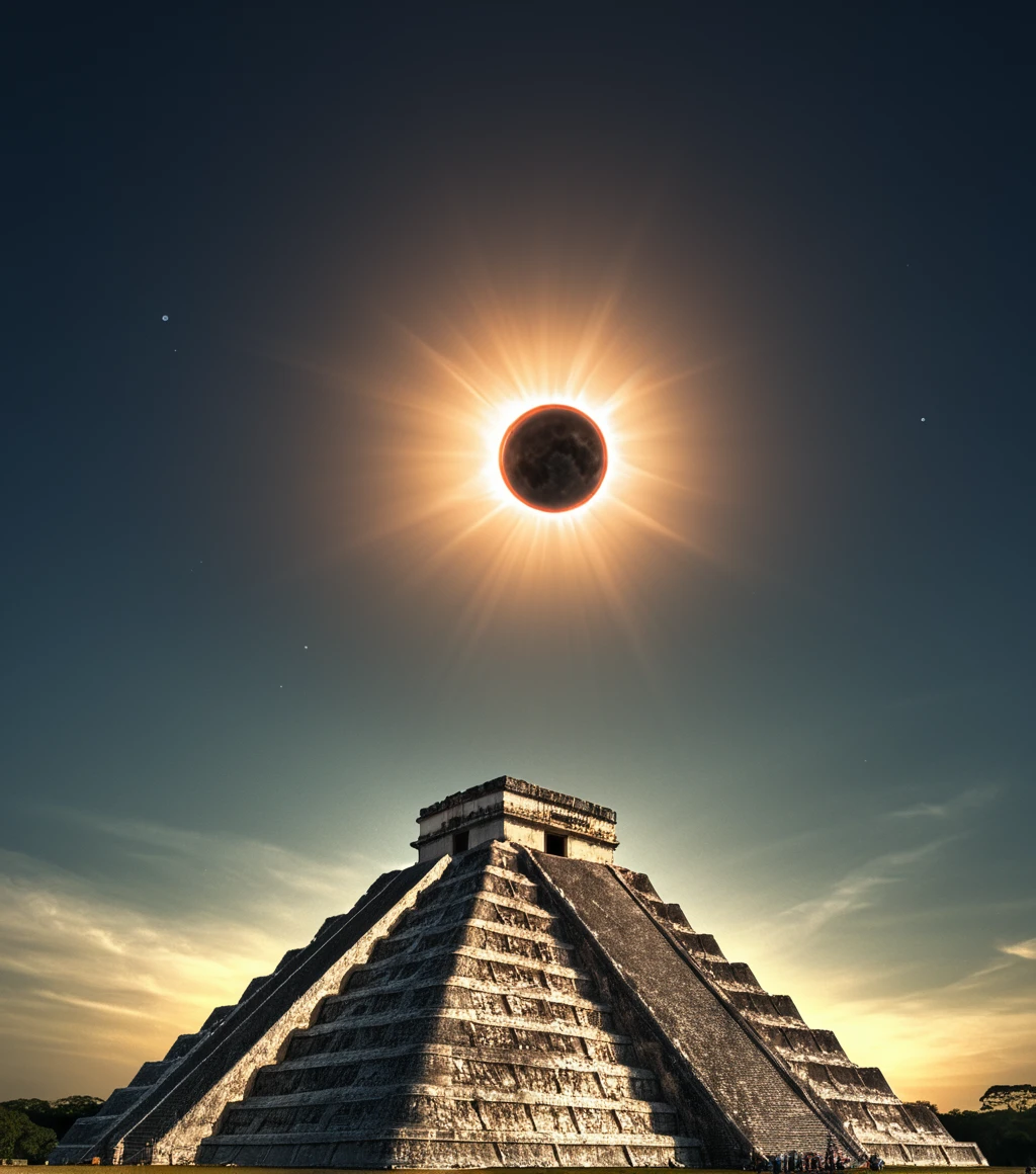 <lora:3cl1p53_01XL-000008:1.1>,(3cl1p53 style),a RAW photograph of (3cl1p53 eclipse:0.9) (rising high in the sky above),a (El Caracol Chichen Itza) at night,surrounded by bright solar corona,HDR,(wide angle shot),sharp focus,(highly detailed),(8k wallpaper),intricately detailed,highres,absurdres,hyper realistic,8K UHD DSLR,IMAX,extremely intricate,4k textures,cinematic look),hyperdetailed