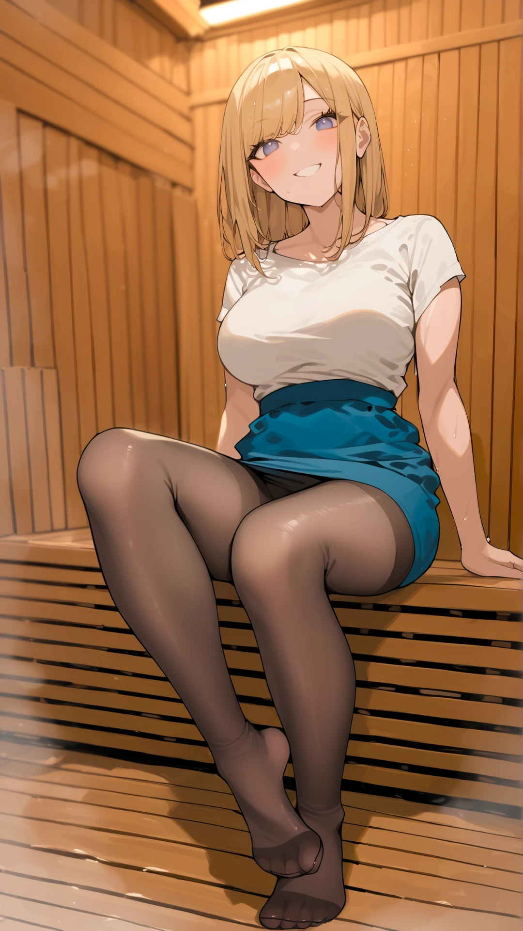 zPDXL3, score_9, score_8, score_7_up, full body, perfect feet, 

 horny, playful, smile, hungry for orgasm, cozy, horny smile , 

 blonde hair ,


,

1girl, adult girl, slim, slender,  


short dress, colorful clothes ,


white t-shirt ,

 semi-big breasts, round breasts ,

 white pantyhose ,




 
sitting, ,

 sauna, wooden walls, warm light, wet bodies , (cozy lighting, warm lighting):7, 