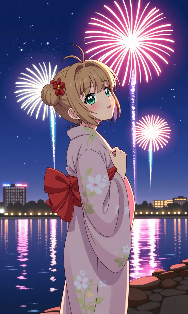 Kinomoto Sakura, she has green eyes, She has light brown hair styled in two pigtails with red hair ties, stands by the riverbank, dressed in an elegant kimono with soft colors, adorned with delicate floral patterns. Her hair is tied up in a bun, decorated with a small ribbon or flower, with a few strands gently falling around her face. As she gazes up at the sky, her eyes sparkle with admiration, reflecting the bursts of fireworks lighting up the night.

The colorful lights reflect on the water, creating a magical atmosphere. The girl’s expression is one of awe and quiet joy, with a soft smile on her lips. The night breeze gently moves the long sleeves of her kimono, adding a touch of grace to the scene. In the background, the sound of fireworks and the distant murmur of voices fill the air, while the girl peacefully enjoys the beauty of the moment.