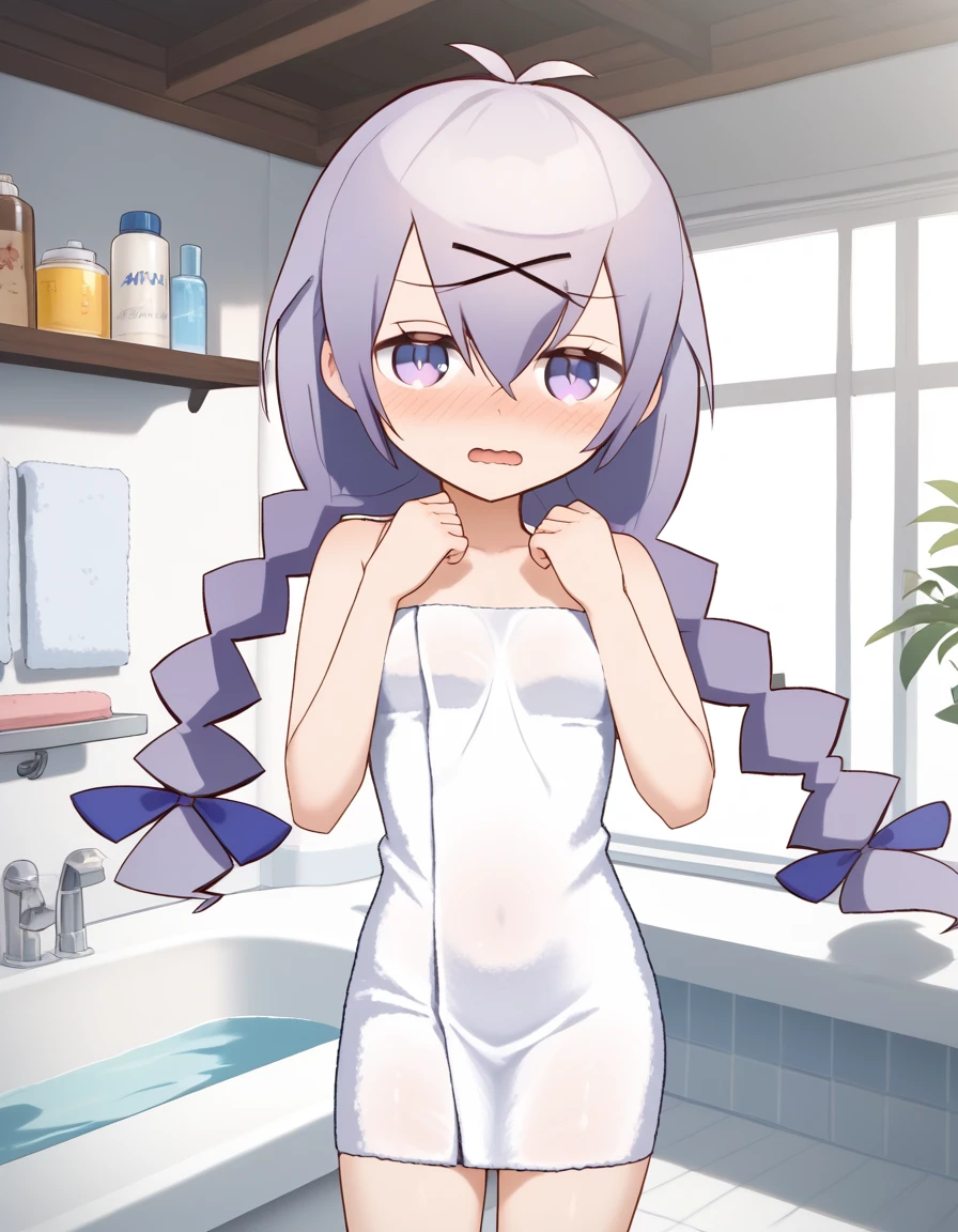 masterpiece, highest quality, soft lighting, confused, looking at the viewer, one person, Thighhighs, big breasts, shrug \whole body,((amount)) (((Extra-thick thighs,standing with legs spread apart)), Overgrown ruins, Mountain,(NSFW),((nude:1.5)),((I'm watching you)),Shadowverse ,Alice Kurobane,twin tails,Completely naked,
