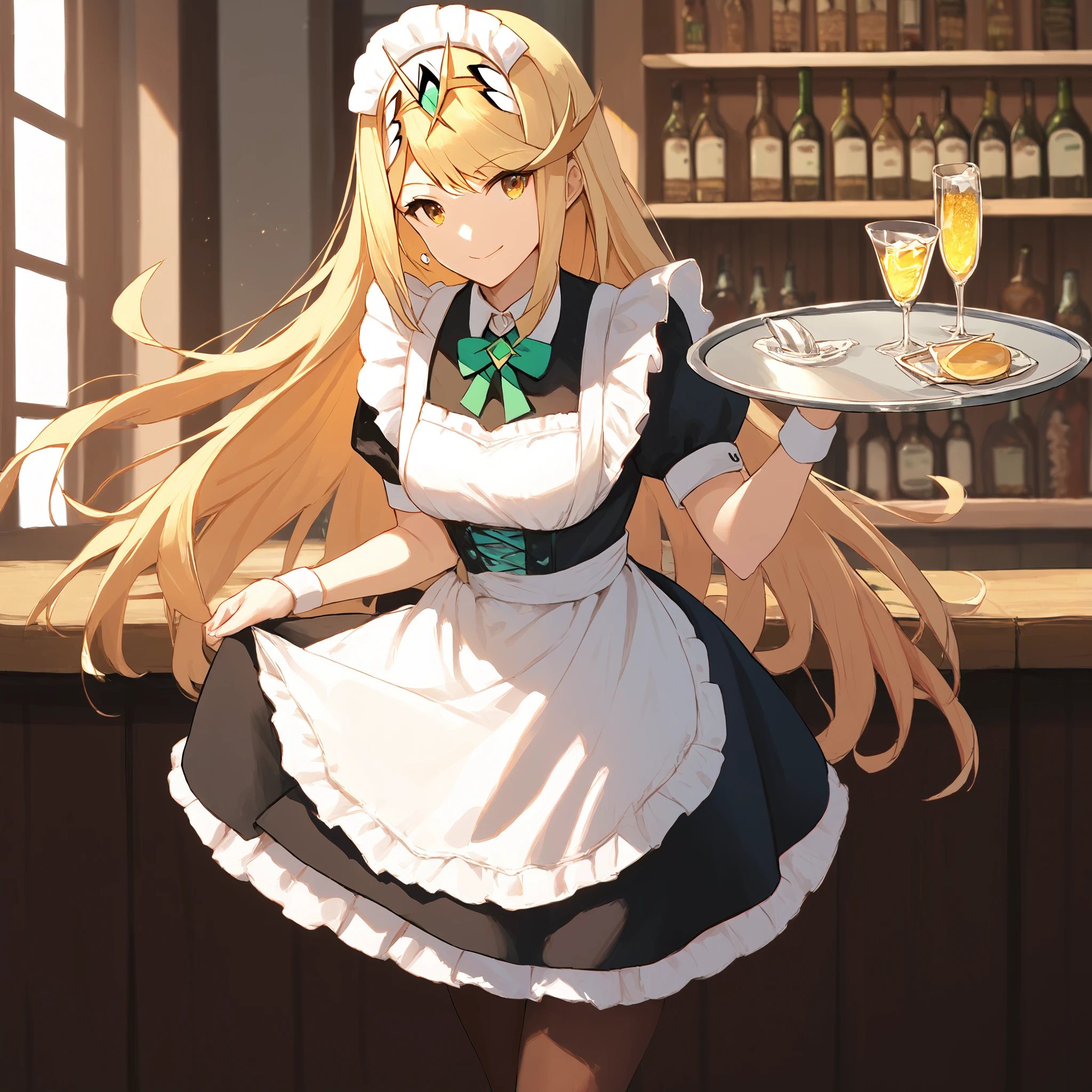 score_9, score_8_up, score_7_up, score_6_up, score_5_up, score_4_up, BREAK source_anime, look at viewer, rating_safe, 1girl, solo, masterpiece, best quality,  mythracs, blonde hair, yellow eyes, long hair, tiara,  maid, maid headdress, maid apron, pantyhose, holding tray, smiling, bar, indoors,