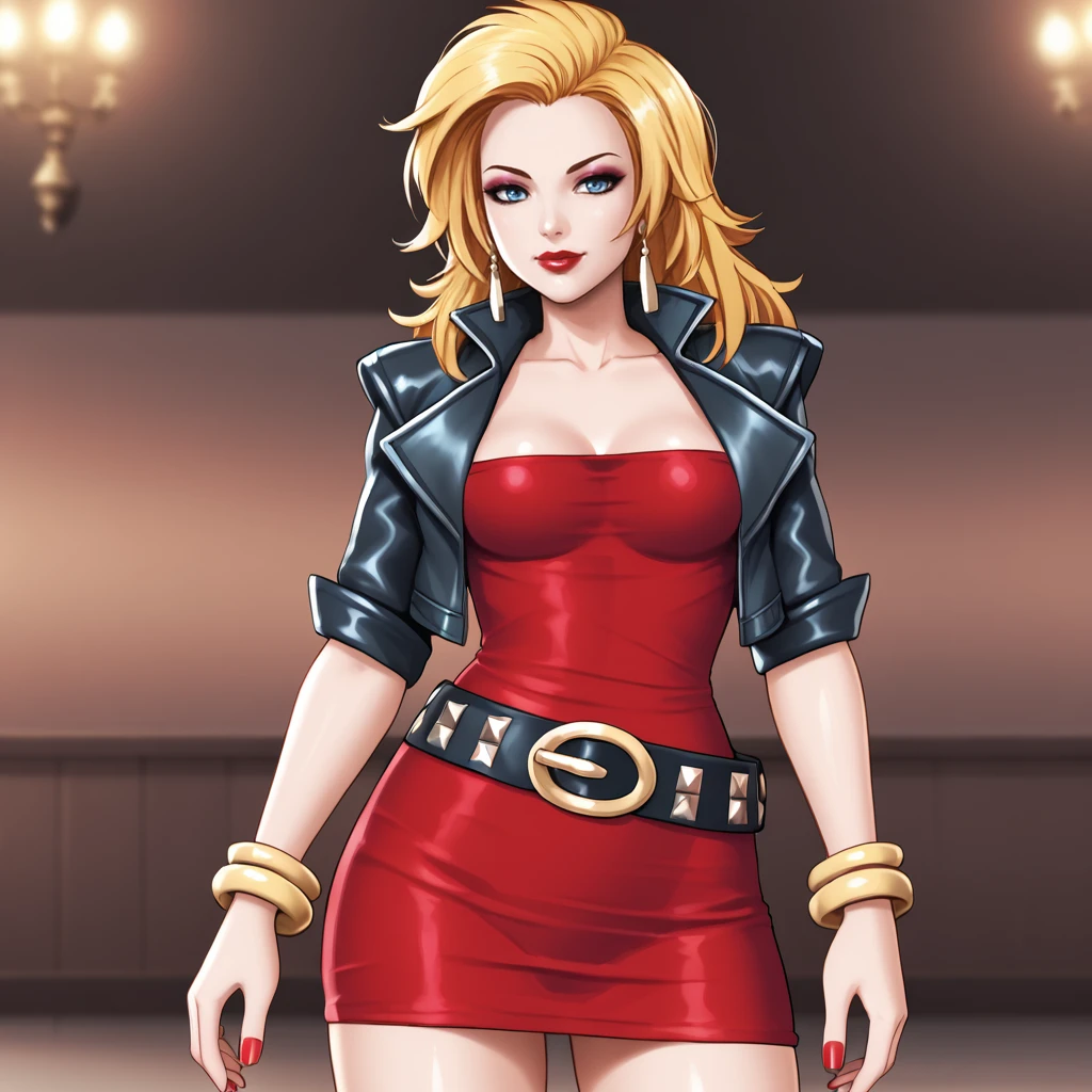 <lora:mariandoubledragonneon_pony_v1:.8>  MarianDoubleDragonNeon, 1girl, solo, blonde hair, blue eyes, bracelet, jewelry, red dress, loose belt, makeup, cropped jacket, lipstick, medium breasts, nail polish, short dress, long legs, lips, bangle, ponytail, red nails, eyeshadow, cowboy shot