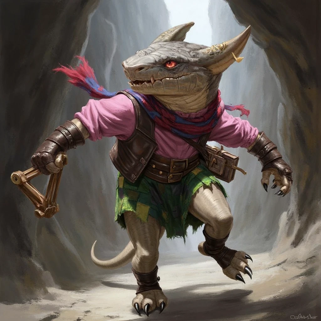 k0b0ldpf. Imagine a mischievous kobold, its warm grey skin practically glowing with impish glee under a soft, diffused light. Its bright red eyes sparkle with mischief, hinting at pranks already played and more to come. It strikes a dynamic pose, one foot slightly lifted as if caught mid-caper, a mischievous grin splitting its face, revealing a hint of sharp teeth.

This kobold is dressed for adventure, a riot of color against the dull backdrop of its dungeon home. A loose-fitting pink tunic hangs to its knees, peeking out from under a snug brown leather vest. A green skirt, patched and frayed from explorations, adds another layer of color and texture. A red and blue striped scarf, far too long for its small frame, trails behind it, threatening to trip up any pursuer foolish enough to chase. Oversized leather gloves, clearly hand-me-downs from a much larger creature, dwarf its little clawed hands, one of which clutches a slingshot, loaded and ready for action.

The overall mood is one of playful chaos and irrepressible energy, capturing the essence of a kobold who lives for mischief and mayhem.