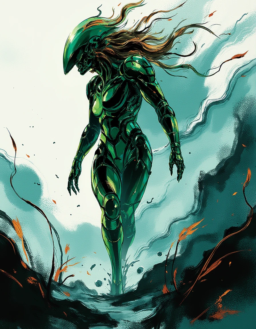 In a breathtaking digital masterpiece reminiscent of Yoji Shinkawa’s iconic style, the formidable bounty hunter Samus Aran is depicted in a moment of intense exploration. The dynamic brushstrokes are fluid and gestural, swirling around her form with varied thickness, creating a palpable sense of energy and motion as she navigates through an alien landscape. 

Draped in her signature, sleek power suit, the armor gleams with a metallic sheen, contrasting sharply against the rough, textured lines that evoke a raw, organic feel to the surrounding environment. The limited color palette features stark monochromatic shades, accented with deep emerald greens and electric blues, illuminating her figure against the shadowy backdrop of a mysterious, otherworldly terrain.

High contrast illuminates her silhouette, enveloping her in a play of light and dark where large areas of negative space emphasize her solitary journey. Samus stands in a powerful stance, her pose exaggerated to convey an electrifying sense of motion and tension. 

The imperfect forms of the scene are punctuated with deliberate rough strokes, allowing for a sense of spontaneity while hinting at the intricacies of her surroundings. Layering and textures intertwine, blending hatching and brush strokes with digital refinement to build an immersive depth that draws the viewer in.

Hints of abstract detailing pepper the scene, suggesting alien flora with minimal features, leaving ample room for interpretation and imagination. The balance of controlled chaos in the composition guides the viewer’s eye through the dynamic line flow, capturing the essence of Samus Aran as she embodies both the hunter and the hunted in this visually arresting tableau.