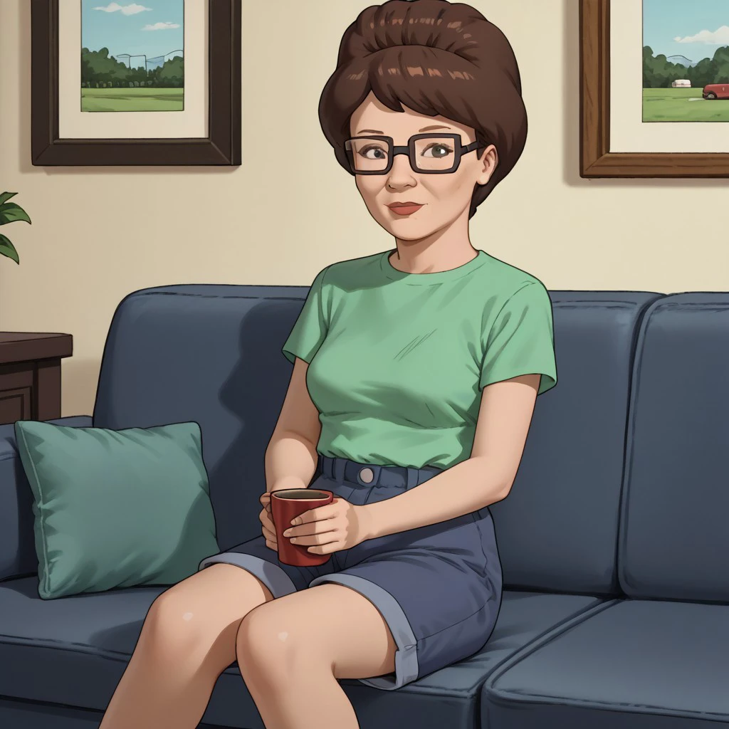 score_9, score_8, score_7, solo, peggy_h, brown hair, glasses, green shirt, shorts, sitting, sofa