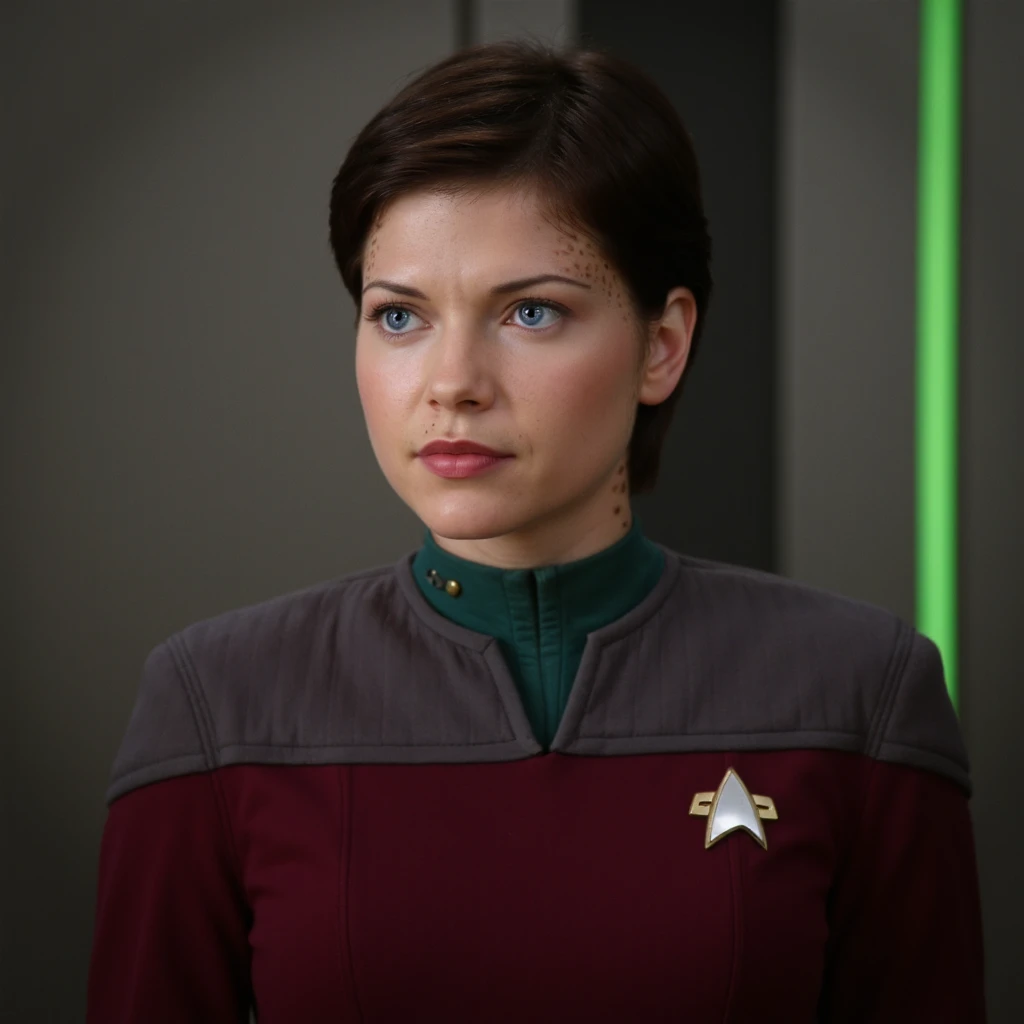 photo realistic, EzriDax woman, wearing star trek uniform <lora:EzriDax_Flux_v1:1.3>