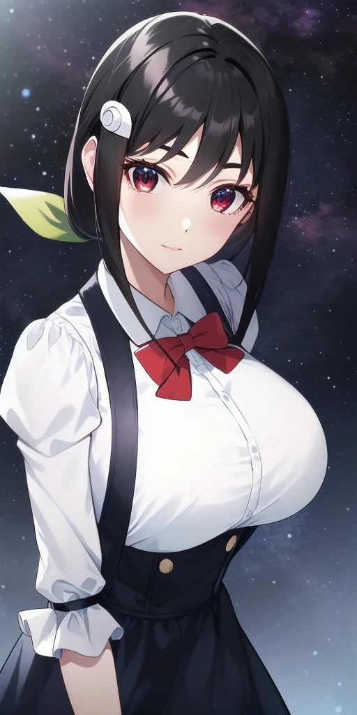 <lora:mayoi_hachikujiV3:0.7> mayoi_hachikuji_low_ponytail, huge_breasts, standing, solo, arms_behind_back, starry_sky,  white_shirt_blue_suspender_skirt_juliet_sleeves_frills_red_bowtie, green_hair_ribbon, hairclip, masterpiece, best_quality, detailed_face, detailed_eyes, highres, beautiful, detailed, absurdres,