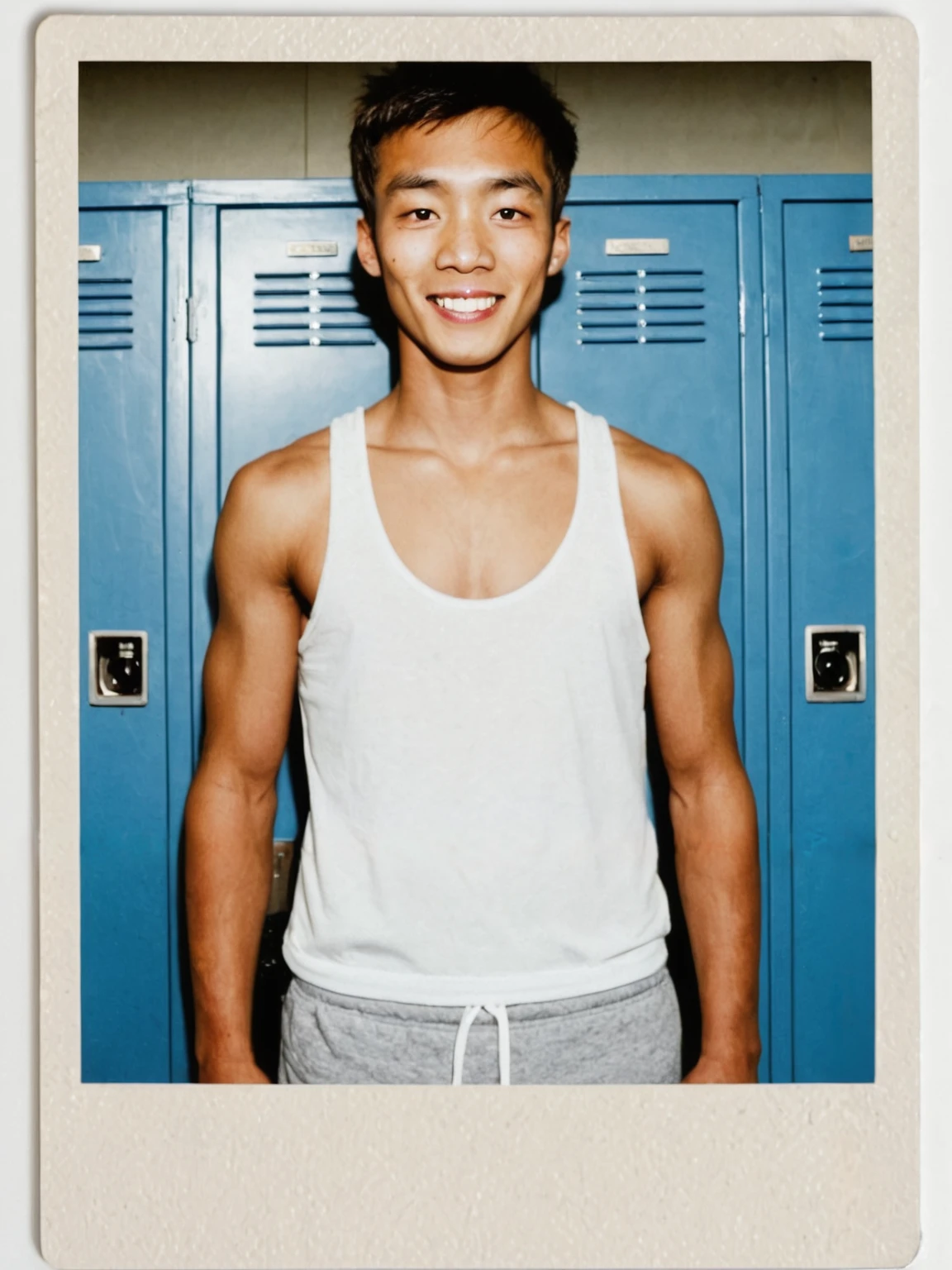 score_9, score_8_up, score_7_up, score_6_up, score_5_up, score_4_up, realistic, polaroid_photo, white_photo_frame, white picture frame, (white border:1.2),

1boy, male focus, standing, lined up, white tank top, shorts, japanese young men, smile,

shy, Asian male, sweat, young adult man, hair bang, male hairstyle, lean body,

unshaved, armpit hair, leg hair, armpit hair,

male focus, locker room