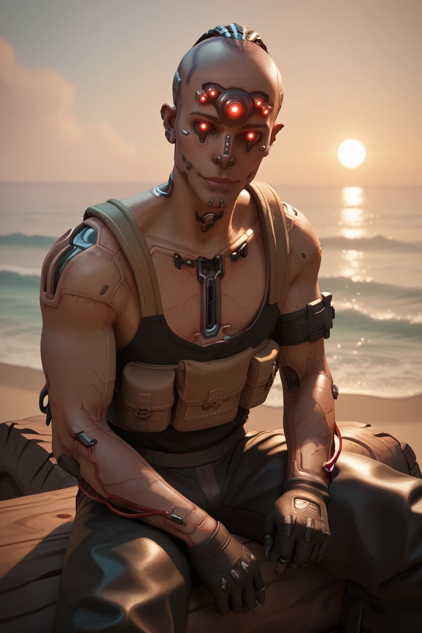 score_9, score_8_up, score_7_up, score_6_up
<lora:CyberDumDum:0.8>
CyberDumDum, 1boy, cyborg, red eyes, extra eyes, looking at viewer, male model in a tank top, sitting on a large driftwood log, beach in the background, calm ocean, soft lighting, peaceful and relaxed atmosphere