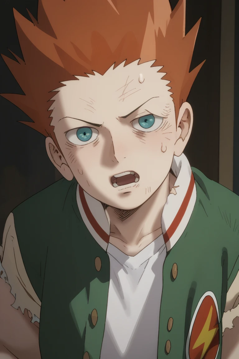 score_9,score_8_up, score_7_up, score_6_up,
suzuki sho, orange hair, blue eyes, 1boy, male focus, solo, spiked hair, jacket, open mouth, shirt, white shirt, open clothes, upper body, teeth, torn clothes, open jacket, sweatdrop