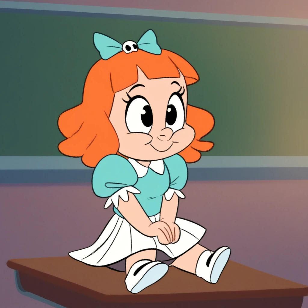 score_9, solo, elmyra_tta, orange hair, hair bow, puffy sleeves, skirt, cute, sitting, classroom