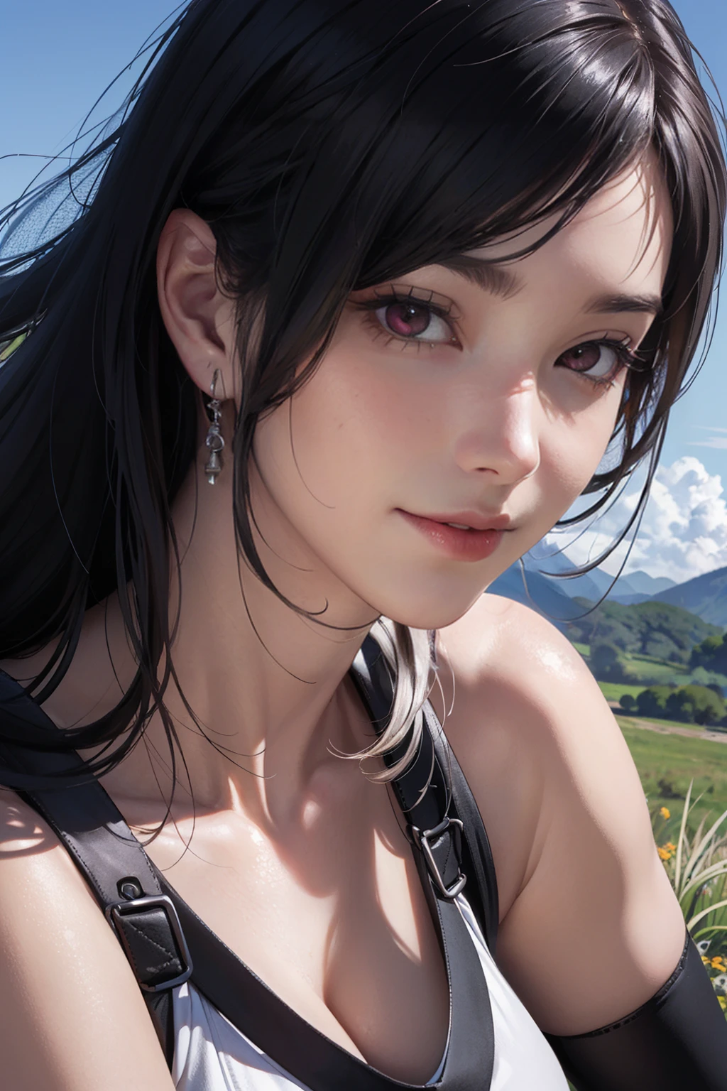 (masterpiece:1.3),(best quality:1.3),(perfect face:1.3),(intricate:1.3),(beautiful scenery:1.3),(ultra realistic 8k CG:1.3),(perfect artwork:1.3),absurd-res,1girl BREAK
black hair,low-tied long hair,red eyes,large breasts,toned body,beautiful legs,realistic,solo,cinematic lighting BREAK
mountain grassland,sunny day,(hair flowing in the wind:1.2),depth of field,looking at viewer,seductive smile,seductive pose,(face close up:1.3) BREAK
ff7tifa,crop top,suspenders,black thighhighs,suspender skirt,fingerless gloves,boots,<lora:ff7tifa_v1.0:0.7>,