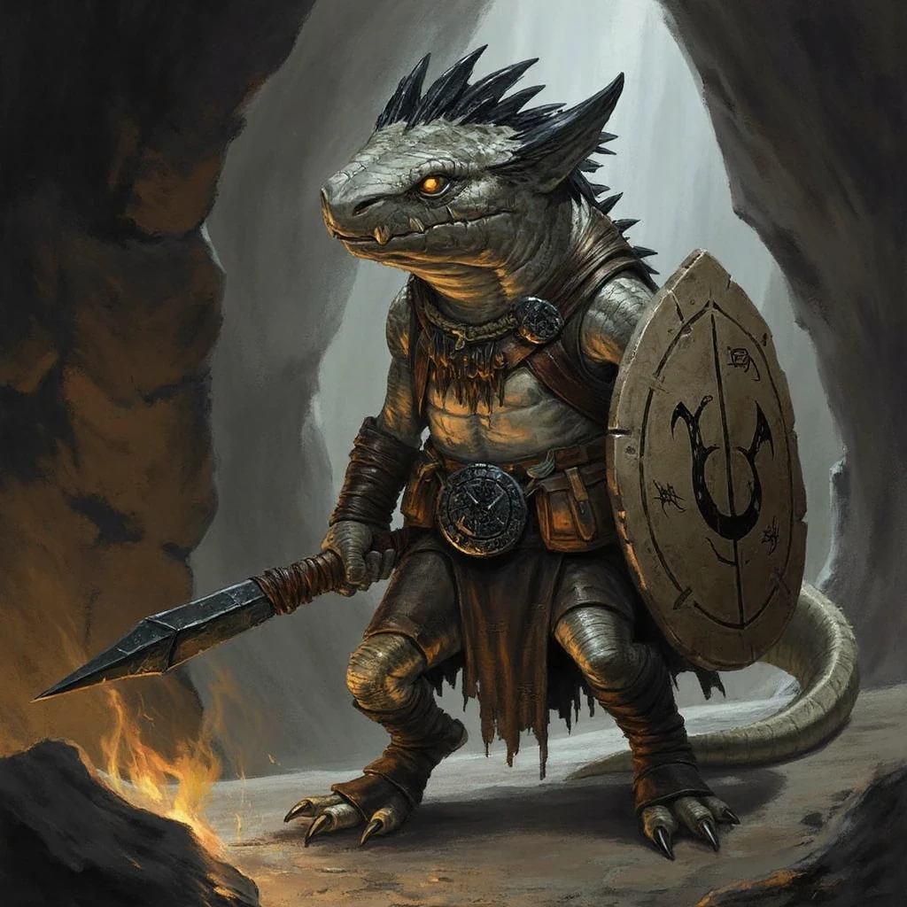 Imagine a kobold warrior sculpted from the very shadows of the caverns. His skin, a cool, damp grey like lichen-covered stone, speaks of a life spent away from the sun. Sharp, black eyes, like chips of obsidian, burn with a feral intensity, reflecting the flickering flames of torches and the glint of unseen dangers. A crown of spiky black feathers, more akin to the spines of a cave-fish than the plumage of a bird, rises from his head, a testament to the harsh beauty of his world.

He is a creature of the underground, his attire a blend of function and ferocity. Rough-hewn leathers, stained with the damp and grime of the caves, cling to his wiry frame. A belt of woven fungal fibers, stronger than any steel in this lightless realm, holds a single, crudely carved pouch and a circular amulet. The amulet, a polished disc of obsidian, pulses with an inner luminescence, the only source of true light in this endless night.

He grips his weapons with a practiced ease. The javelin, its shaft darkened by torchlight and time, is tipped with a shard of chipped obsidian, deadly and silent. His shield, a rounded slab of chitinous fungus, is etched with primal symbols etched in charcoal, wards against the unseen things that haunt his world.

This is no mere hunter; this is a survivor, forged in the crucible of the deep earth. His every movement speaks of a life lived on the edge of darkness, his spirit as unyielding as the stone around him.