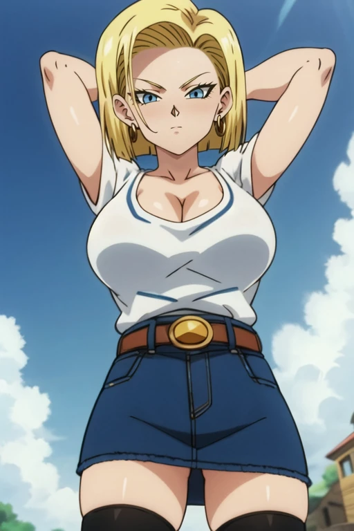 android 18, breasts, solo, thighhighs, blonde hair, blue eyes, large breasts, skirt, cleavage, arms behind head, belt, black thighhighs, earrings, short hair, denim skirt, sky, jewelry, denim, looking at viewer, outdoors, shirt, blue sky, <lora:Android_18:1>