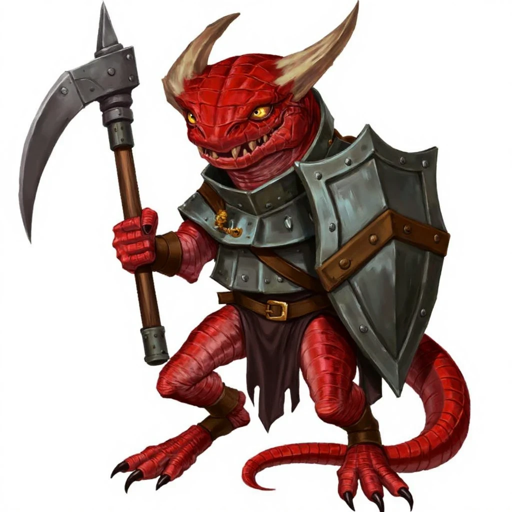 k0b0ldpf. Photorealistic image of a red kobold. It is holding a pickaxe in one hand and a shield in the other. The kobolds wears a simple metal armor. The kobold has a long tail that is curled up. Its eyes are yellow and it has sharp teeth. The claws of the kobold are red.