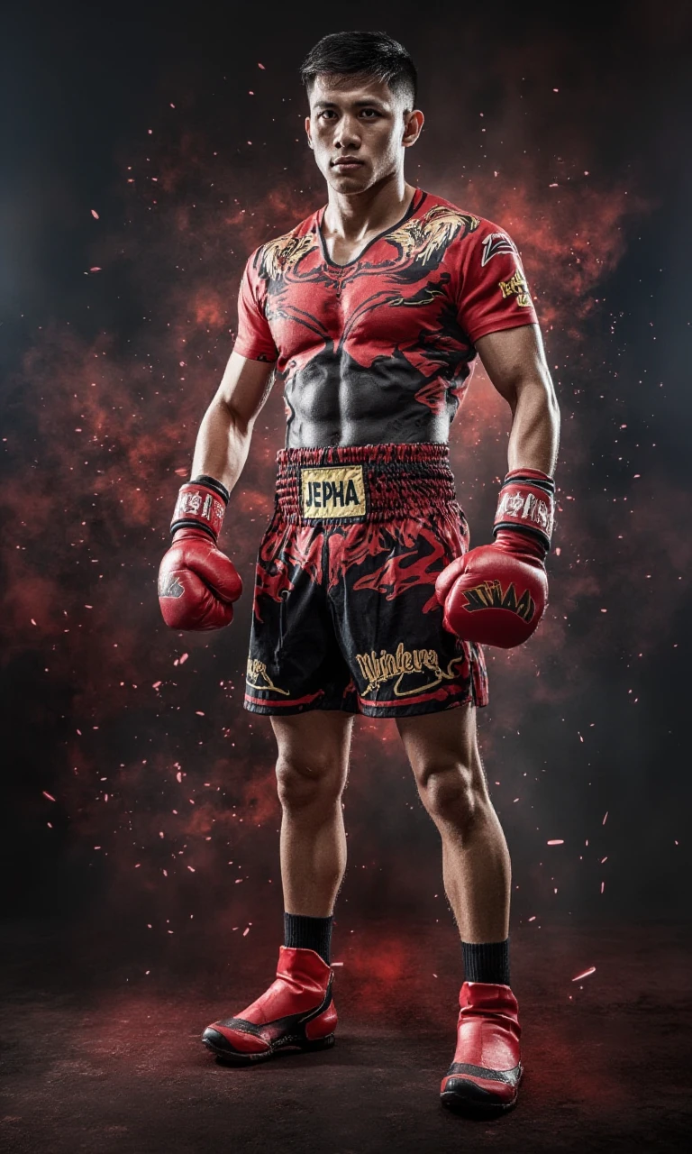 "A highly realistic 2.5D style Muay Thai fighter,wear shirt มวยไทย muay thai shirt