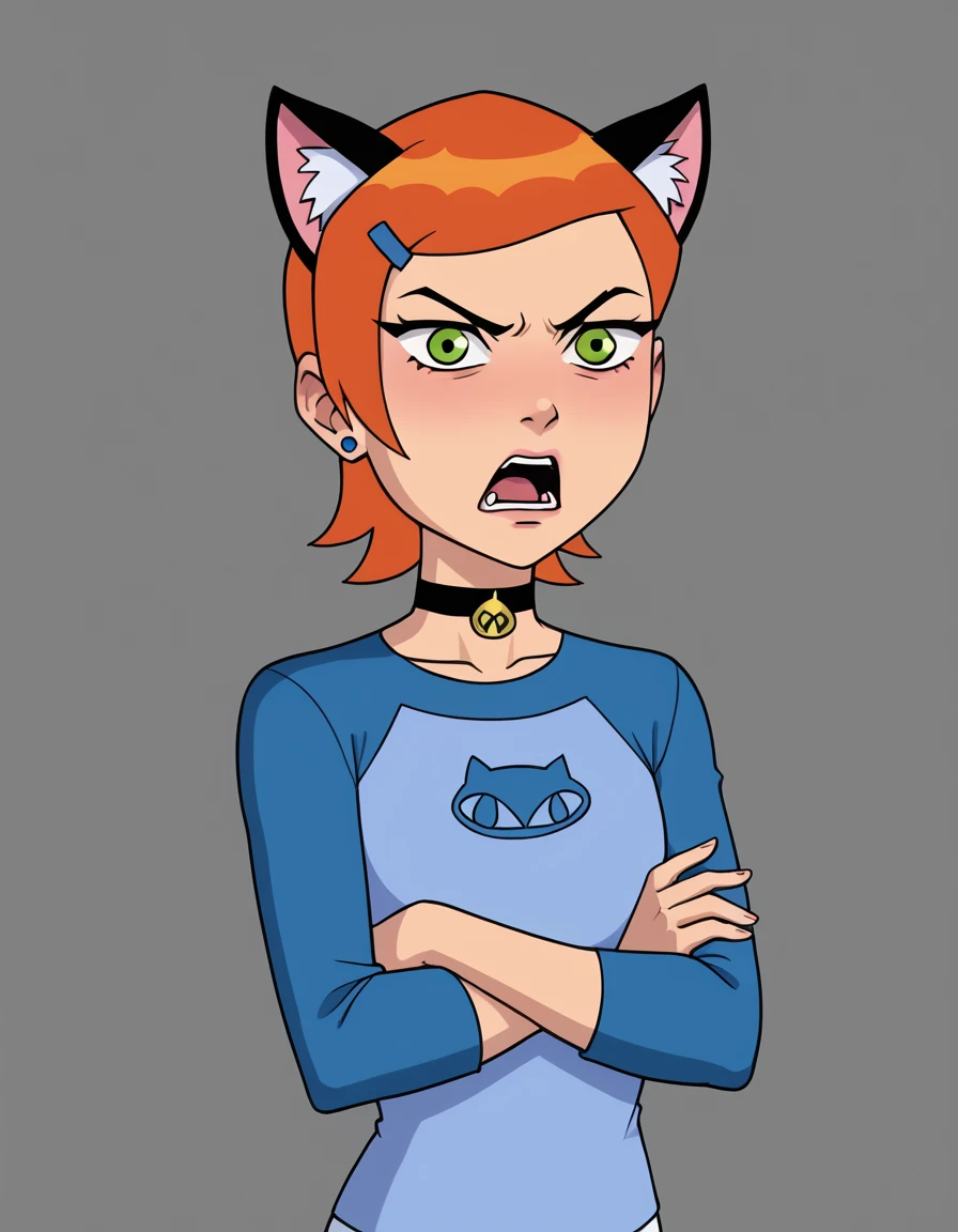 <lora:Gwen10XLP_V2:1> gwen10, 1girl, crossed arms, open mouth, angry, choker, parody, cat ears