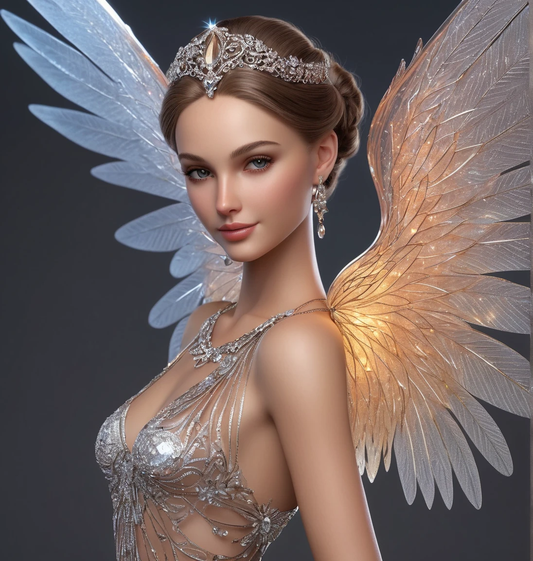 A sexy european, 22 year old vulnerable, tempting woman., She has chignon hairstyle. She has a light smile and raised eyebrows. She buoyant body. She symmetrical eyes. She has crystal wings- translucent wings with intricate crystal patterns that refract light, creating dazzling displays. attached to her back., (large wing span), elegant, highly detailed