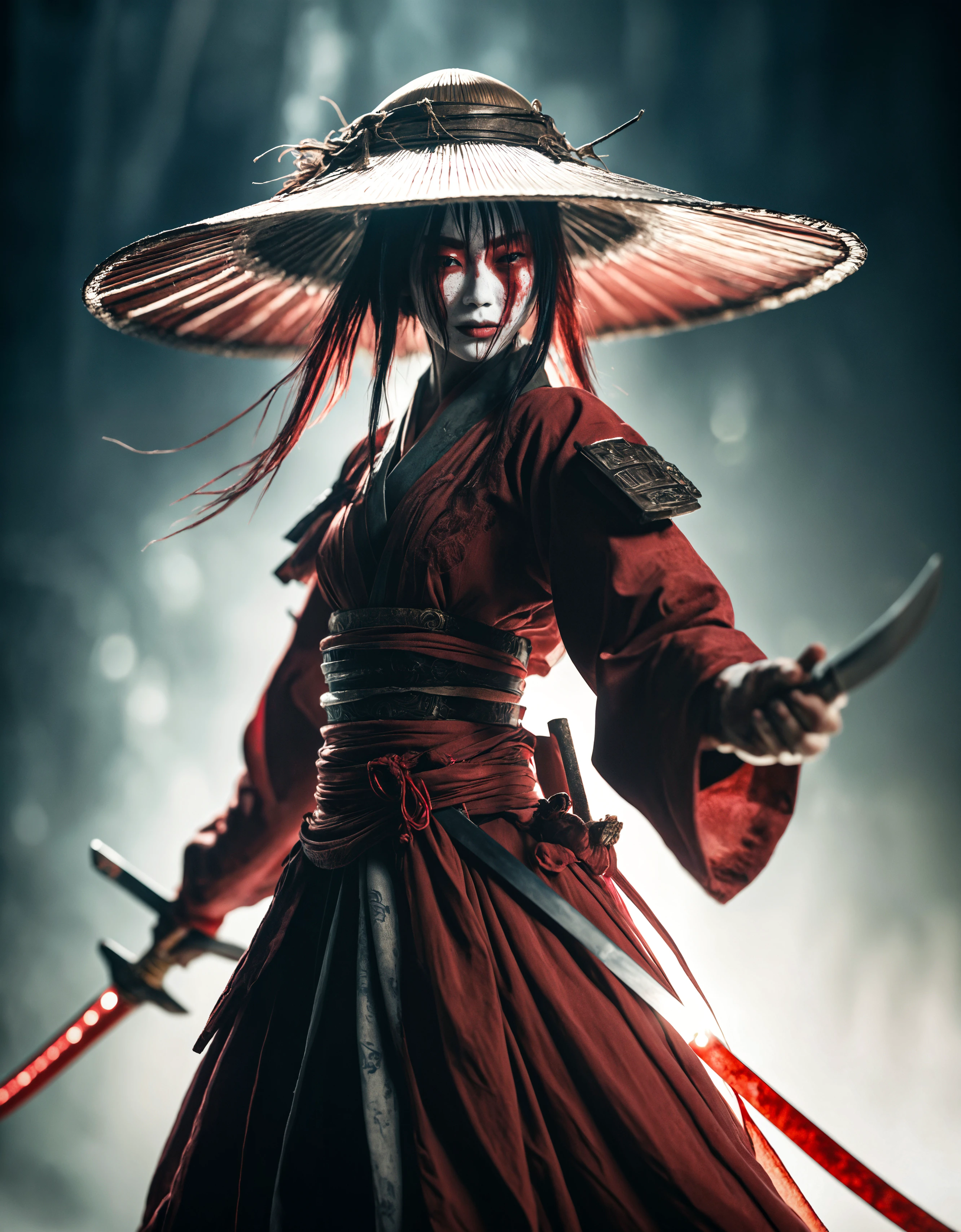 a weathered old and worn-out female cyborg samurai amidst (swirling magical whisps). Bent forward, obscured beneath a large, round sedge hat, their face hidden behind the shadow. With arms outstretched, each hand holds a hovering, semi-molten translucent dark red-gray sword. Against the backdrop of the sun, they stand in a magical incomprehensible world. translucent dark-red moonlight greatsword ,holding sword, glowing weapon, very detailed, atmospheric haze, Film grain, cinematic film still, shallow depth of field, highly detailed, high budget, cinemascope, moody, epic, OverallDetail, gorgeous, 2000s vintage RAW photo, photorealistic, candid camera, color graded cinematic, eye catchlights, atmospheric lighting, skin pores, imperfections, natural, shallow dof