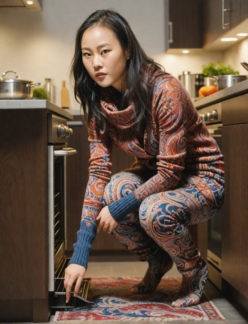 a professional sharp focus absurdres intricately detailed photograph of a beautiful Noémie_Nakai,
crouching in a luxurious modern kitchen and attempting to pull a demon from the oven, 
wearing paisley pants with a long knit cardigan sweater over a turtleneck long-sleeved shirt,
 <lora:Noémie_Nakai-SDXLe15:1>