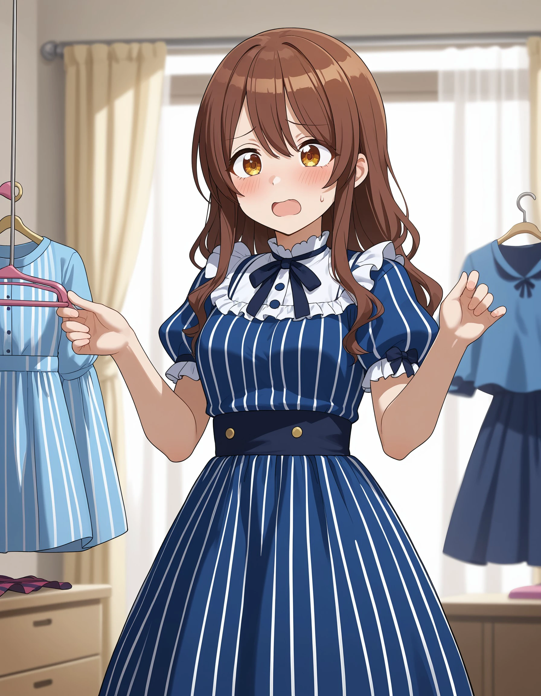 (masterpiece), best quality, expressive eyes, perfect face, dress, blush, clothes hanger,  blue dress, striped dress, open mouth, short sleeves, heart, frills, vertical stripes, striped, vertical-striped dress, puffy sleeves, indoors, sparkle, ribbon, holding clothes, frilled dress, curtains,  puffy short sleeves, blurry, sweatdrop, tenkaosaki, <lora:7a061fe7-597e-4769-b9ef-2e2352b92a9f:0.7>