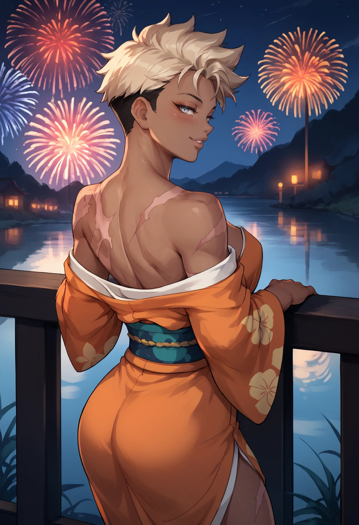 score_9, score_8_up, score_7_up, 1girl, krissgt, dark-skinned female, eyebrows, grey eyes, very short hair, two-tone hair, scar on arm, scar on leg, large breasts, toned, 
orange kimono, off-shoulder kimono,
looking at viewer, looking back, seductive smile, blush, parted lips, bedroom eyes, cowboy shot, rear view, railing,
outdoors, night, dark, fireworks, river, reflection,
<lora:Kris-SgtCrisis-PDXL_V1-Manityro-CAME:1.0>,