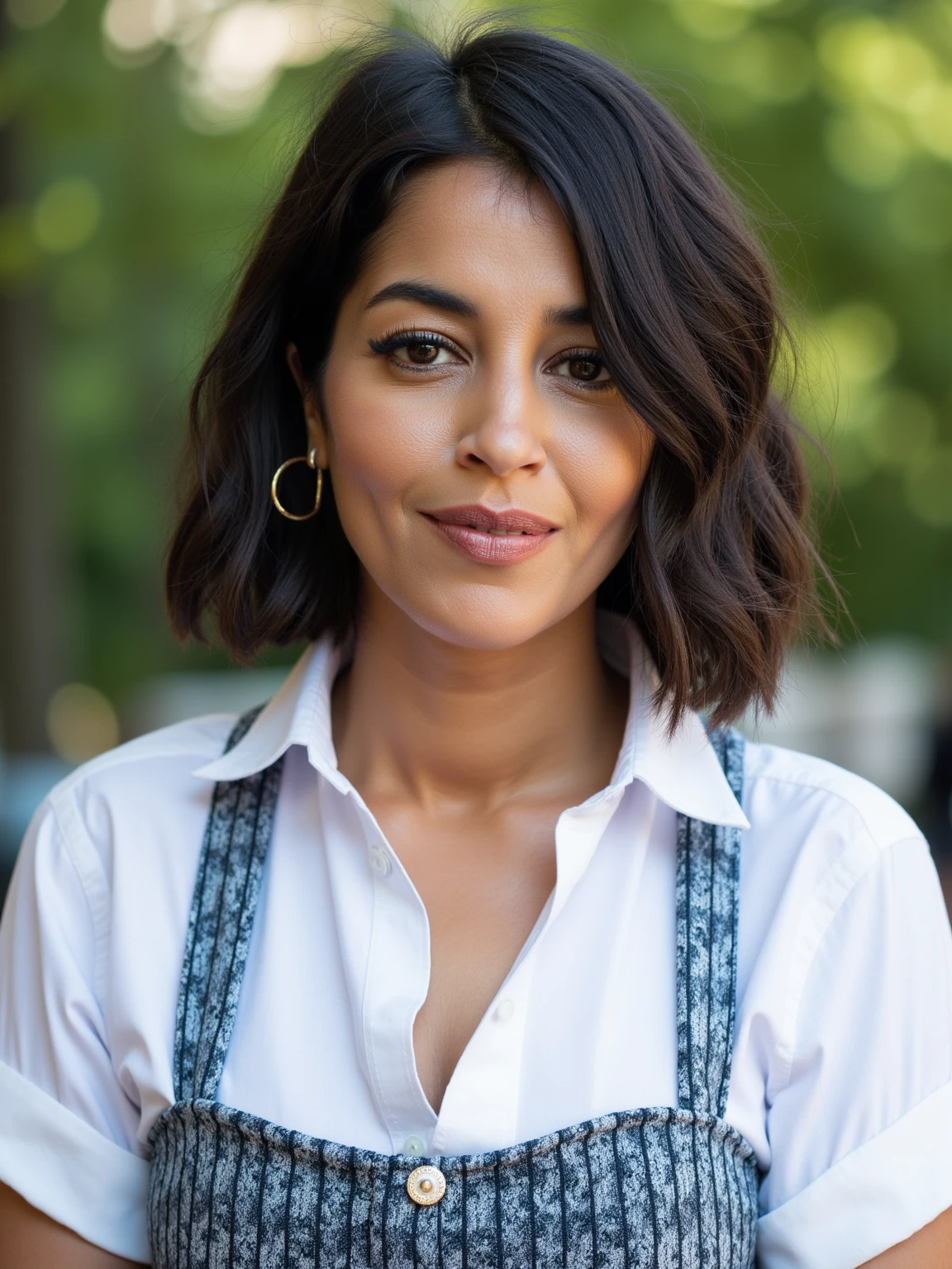 this is leilabekhti.
This is a high-resolution photograph of leilabek, a woman probably in her 30s, with a medium-light skin tone and a slender build. She has a medium-length, dark brown bob haircut that falls just above her shoulders and is styled in loose waves. Her facial features include almond-shaped eyes accentuated with dark eyeliner and mascara, a straight nose, full lips with a subtle pink tint, and a small, delicate nose ring. She is wearing a white button-up shirt with the sleeves rolled up, a blue and white,intricately patterned corset-like top over it. The shirt is under a corset made of a fabric with a textured, almost quilted pattern in shades of blue and white, giving it a sophisticated, slightly vintage look. She accessorizes with a pair of thin, gold hoop earrings and a subtle, natural makeup look. The background is slightly out of focus, but appears to be an outdoor setting with a natural, possibly green, light source, suggesting a sunny day. <lora:Leila-Bekhti_Flux1D_LOREVER:1>