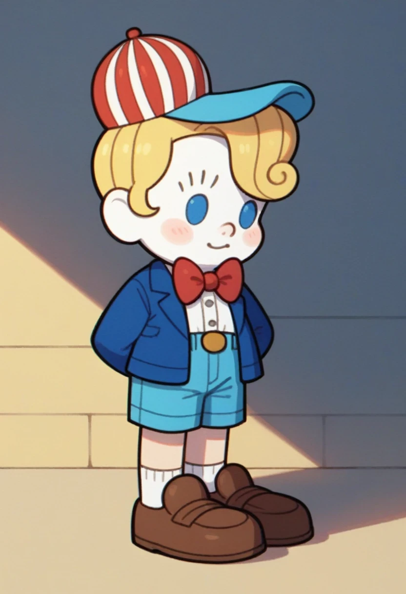 menino_porcelana, solo, blue eyes, blonde hair, 1boy, hat, standing, jacket, male focus, shorts, shoes, bowtie, blue jacket, red bowtie, blue headwear,  brown shoes, brown footwear, pale white skin, propeller hat skyblue shorts