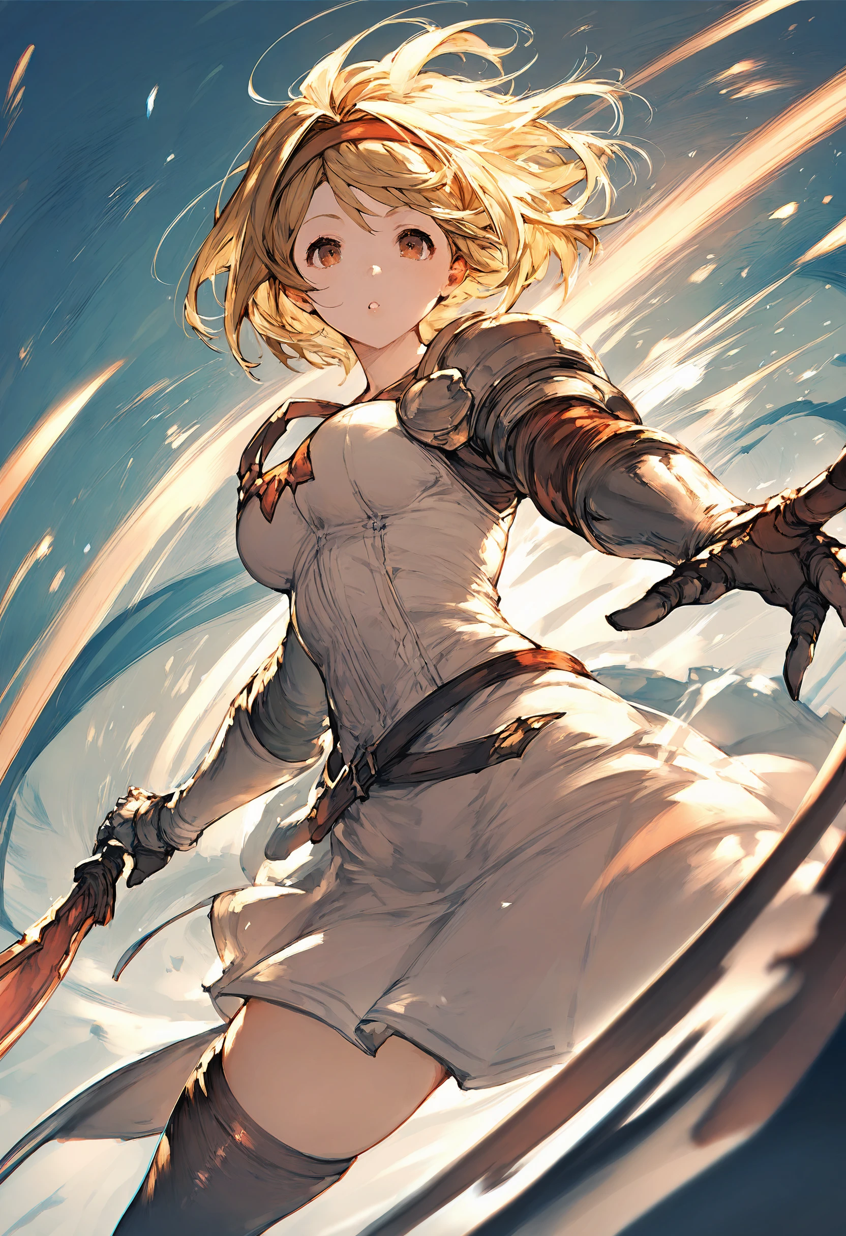 score_9, score_8_up, score_7_up,score_6_up, source_anime, best quality, masterpiece, aesthetic, absurdres, anime,
perspective, holding sword, action, motion blur, 
1girl, solo, looking at viewer, 
djeeta \(granblue fantasy\), fighter \(granblue fantasy\), blonde hair, short hair, hairband, brown eyes, medium breasts, pink blouse, skirt, tighthigh boots, (shoulder armor, gauntlets:0.7), 
<lora:JitaRuri-Pony:0.8> jitaruri, <lora:IshikePony:0.5>,