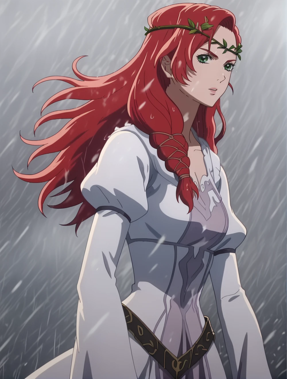 score_9, score_8_up, score_7_up, (anime coloring), anime screencap, clean outlines, <lora:HeraLOTR:1>, HeraLOTR, red hair, long hair, solo, white dress, (headwear), long flowing sleeves, green eyes, looking at viewer, detailed background, realistic background, godrays, depth of field, shadows, heroic, epic, snowing, waist, hips