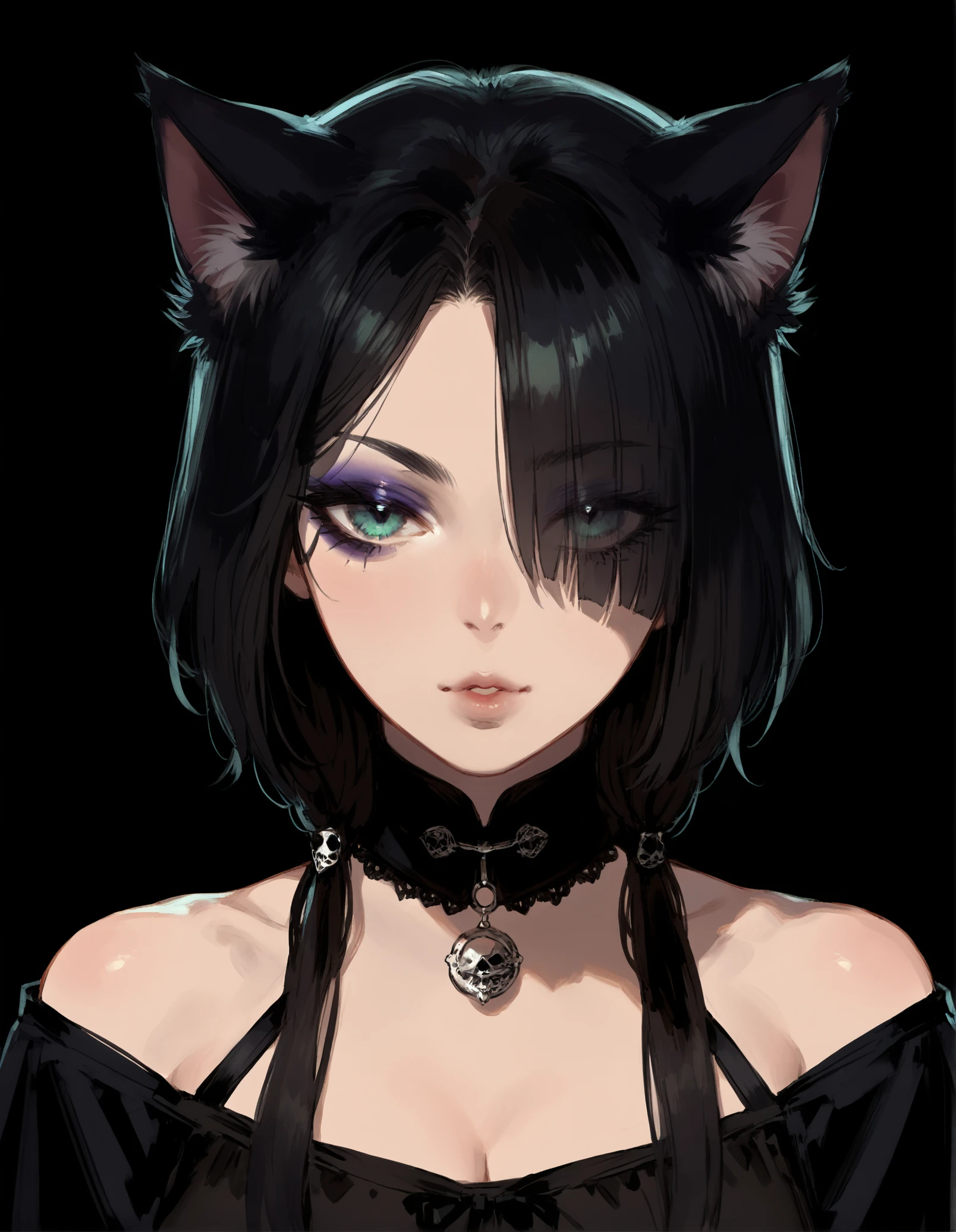 score_9, score_8_up, score_7_up, 1girl, cat ears, cat tail, goth, cat girl, solo, solo focus, face close-up, looking at viewer, eyeshadow, half-closed eyes, sexy, eyes visible through hair,shaded face, portrait, dark, (wide shot:1.2), (high contrast:1.2), black background, (simple background:1.5), (vaporwave:0.2),  Seated with one leg extended, leaning on the other knee, <lora:nat_the_lich_canvas:1>