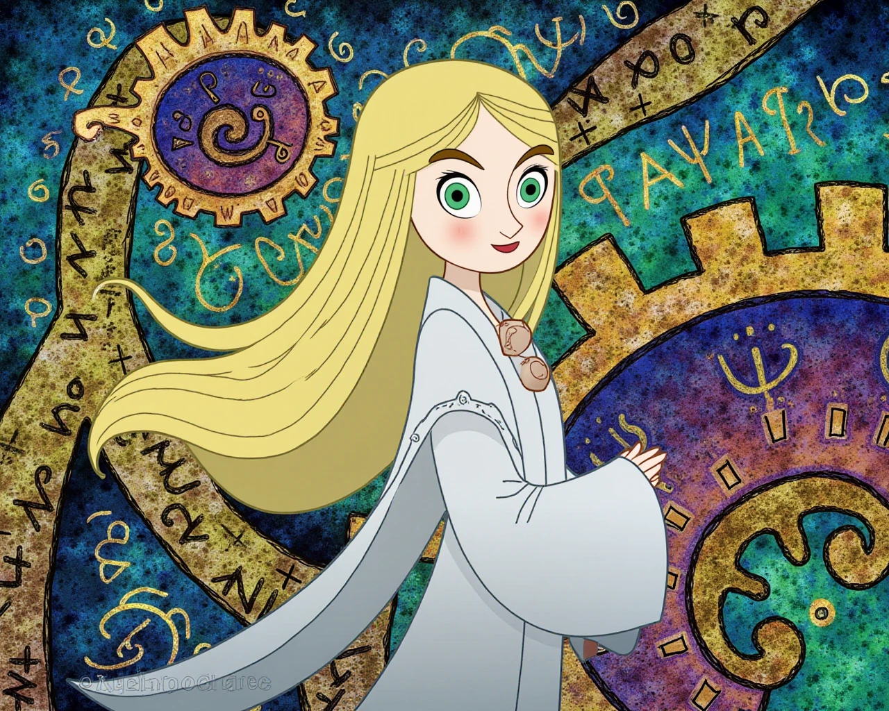 SecretKells, a woman standing against a backdrop of vibrant swirling patterns, her long flowing hair blending into the intricate designs around her. Her eyes shine with inner strength, and her robe features delicate ancient runes, creating a magical and powerful aura. Hand-drawn, animated, fantasy portrait.