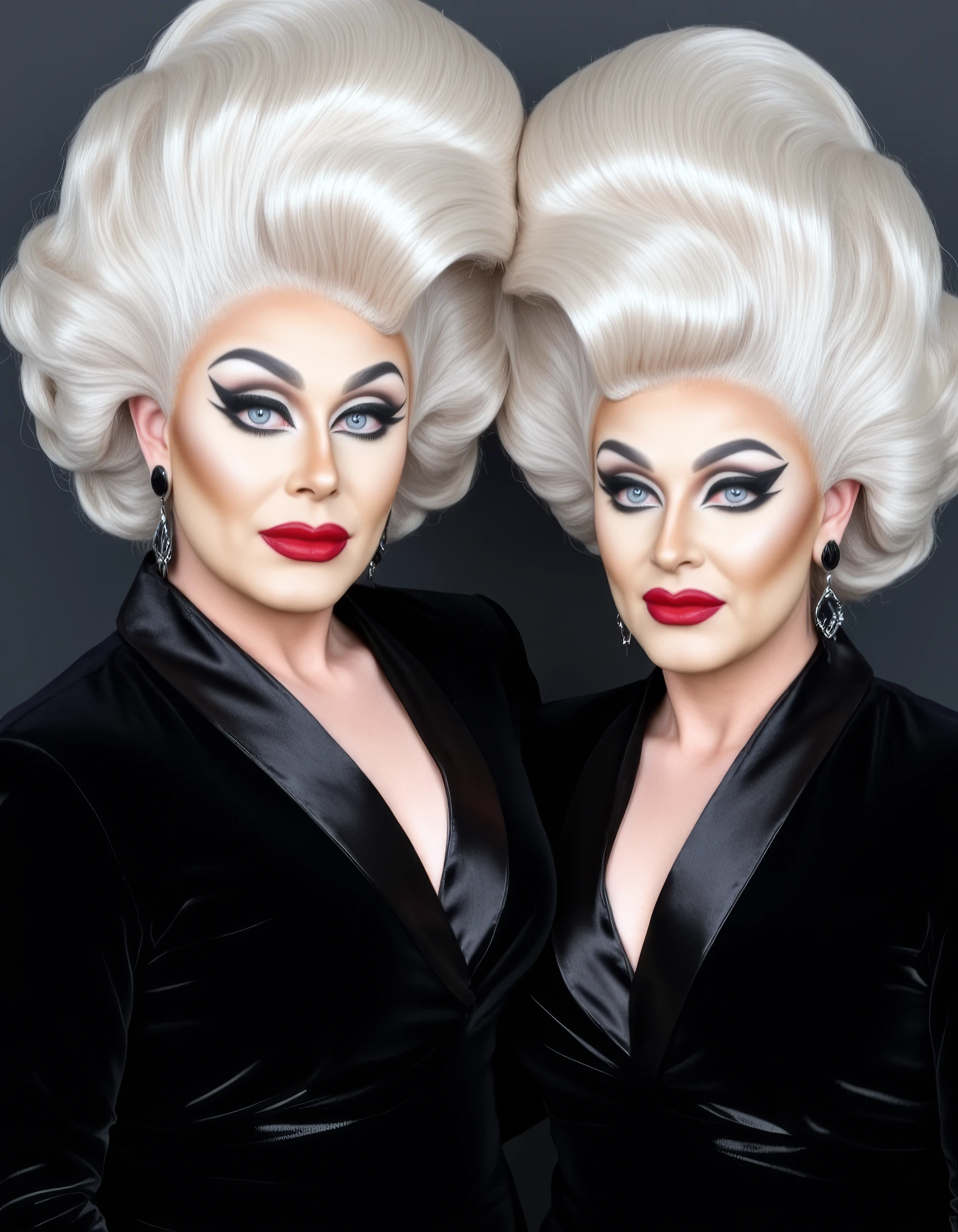 The image is a high-resolution photograph featuring two individuals with striking, exaggerated glamour makeup and elaborate hairstyles. Both subjects are dressed in black, shiny, satin-like outfits that drape elegantly around their shoulders. They are standing side by side, their faces turned towards the camera, creating a symmetrical composition.,
Their hairstyles are voluminous, platinum blonde wigs styled in a bouffant, the iconic look of drag queens. <lora:flux_bouletbrothers:1>