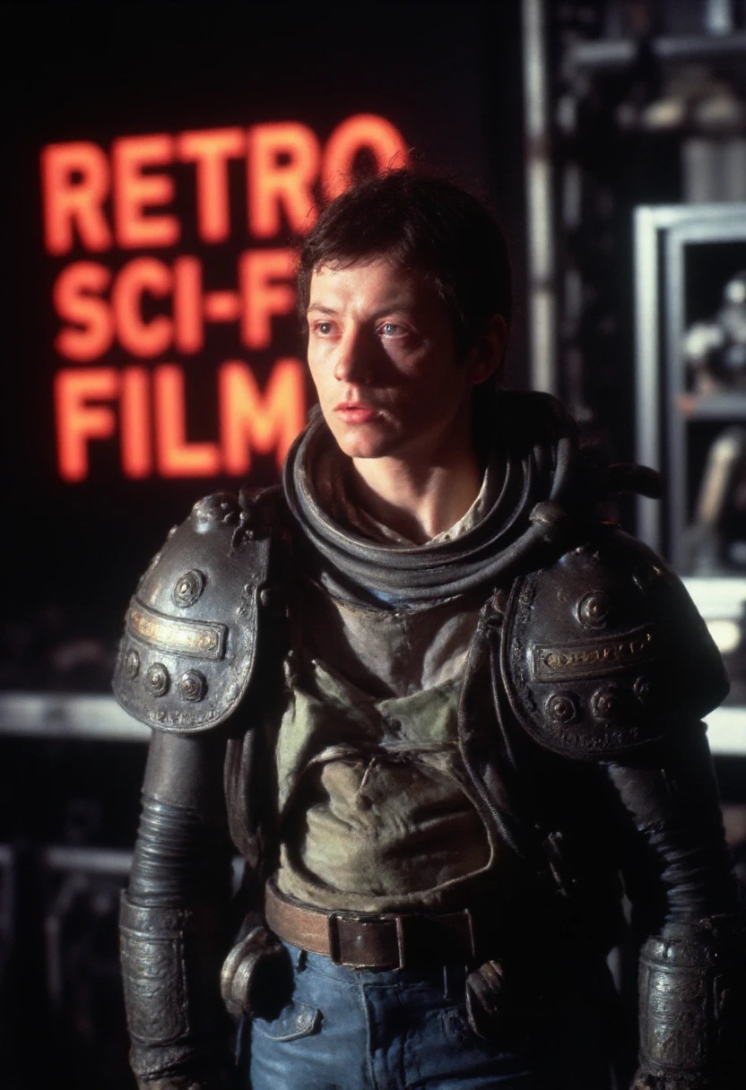 Detailed Retro Film Screengrab of a Young soldier with sci-fi armor.

A large screen display panel in the backgrounds has glowing red text that says "RETRO SCI-FI FILM"