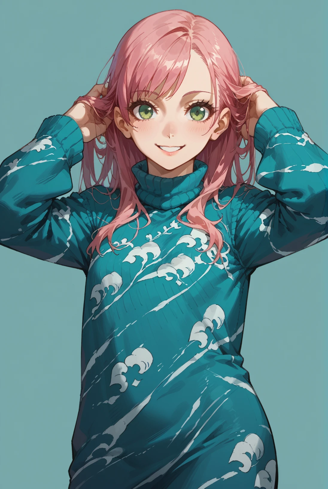 Score_9, Score_8_up,Score_7_up, Score_6_up,Score_5_up, Score_4_up, Source_anime, Rating_safe, Persona_3 style, Shigenori_Soejima_Artwork,1girl,bobcut, pink hair, Flat chest, green eyes, smile, <lora:Japan_Design_Hokusai_Dress:0.6> white pattern, loose sleeves, long sleeves, sweater dress, turtleneck, hands in hair, cowboy shot