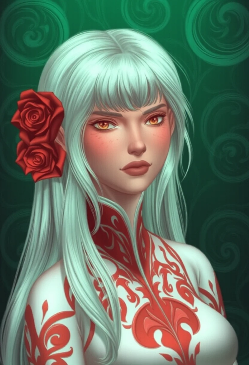 @NozomiMats, Nozomi Matsuoka \(Artist\), @Nozomi, nozomi.matsuoka \(Artist\),young woman with long white hair and a red rose in her hair. She is wearing a white and red outfit with intricate patterns and designs. The woman has a serious expression on her face and is looking directly at the viewer. The background is a dark green color with a pattern of swirls and lines.