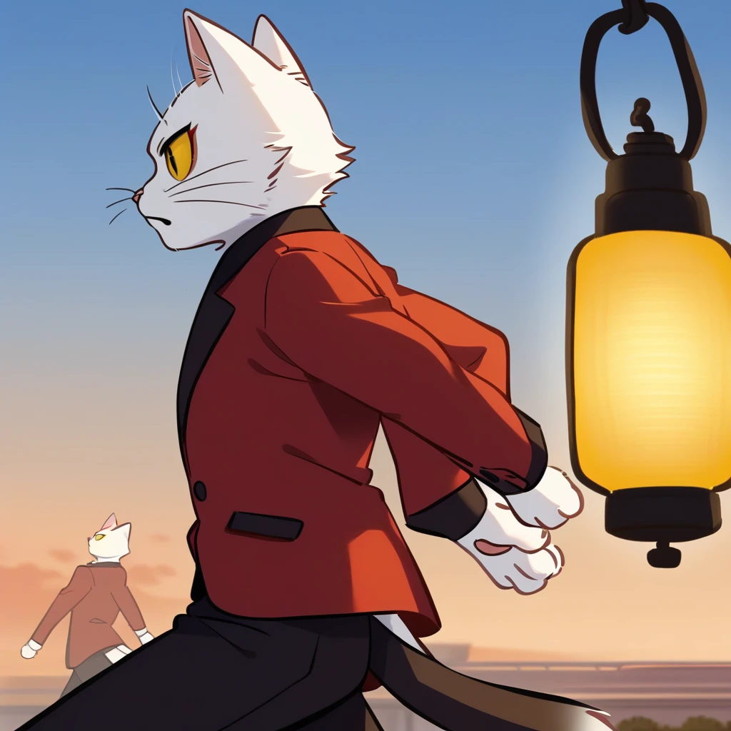 cowboy shot, yellow sclera, holding weapon, lantern, body fur, running, red shirt, arms behind back, white fur, from side, red jacket, upper body, furry, pants, cat boy, formal, sky, cat