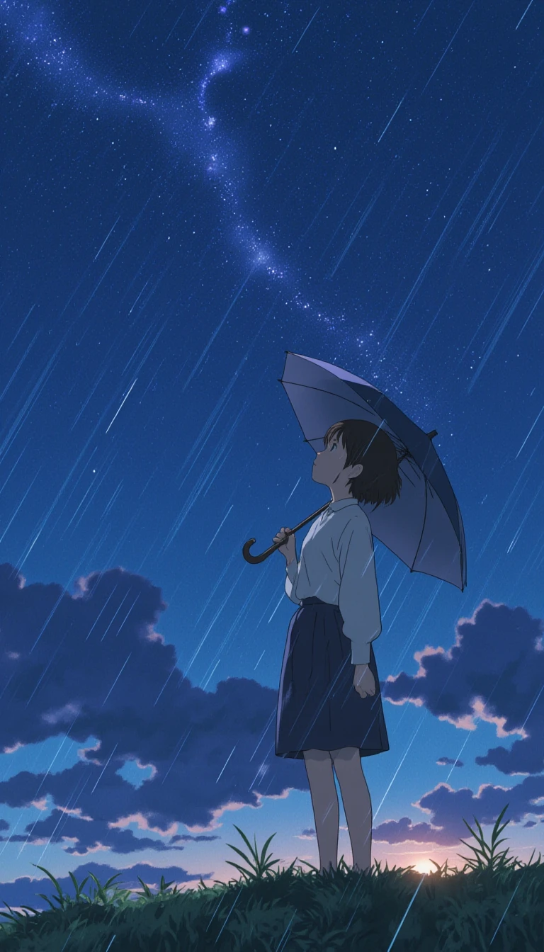 a girl, standing, holding a umbrella, rain, lookup the sky,lyh_niji