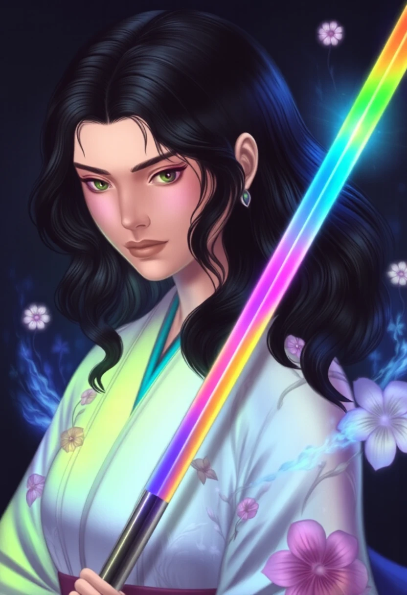 @NozomiMats, Nozomi Matsuoka \(Artist\), @Nozomi, nozomi.matsuoka \(Artist\),A young woman with wavy black hair holds a glowing, rainbow-colored katana, its light contrasting with her calm, lowered gaze. She wears a traditional white kimono with vibrant, iridescent floral patterns that seem to bloom into ethereal flowers. The dark background highlights the magical atmosphere