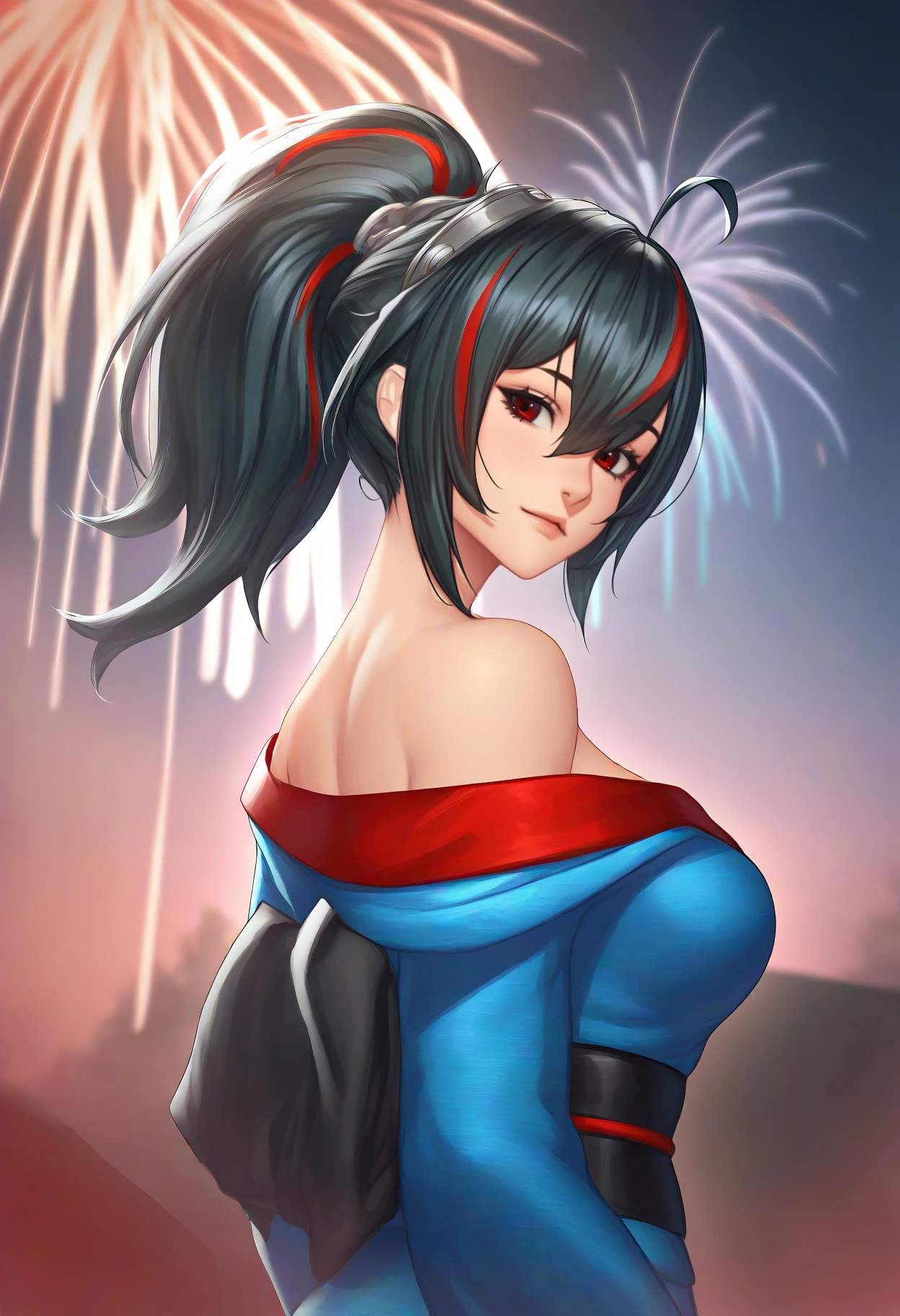 (neoartcore:0.6), masterpiece, best quality, solo, 1girl, zhu yuan, light smile, looking back, ponytail, red eyes, japanese clothes, blue kimono, off shoulder, black sash, bare shoulders, fireworks
<segment:yolo-face_yolov8m.pt,0.4,0.5//cid=1>