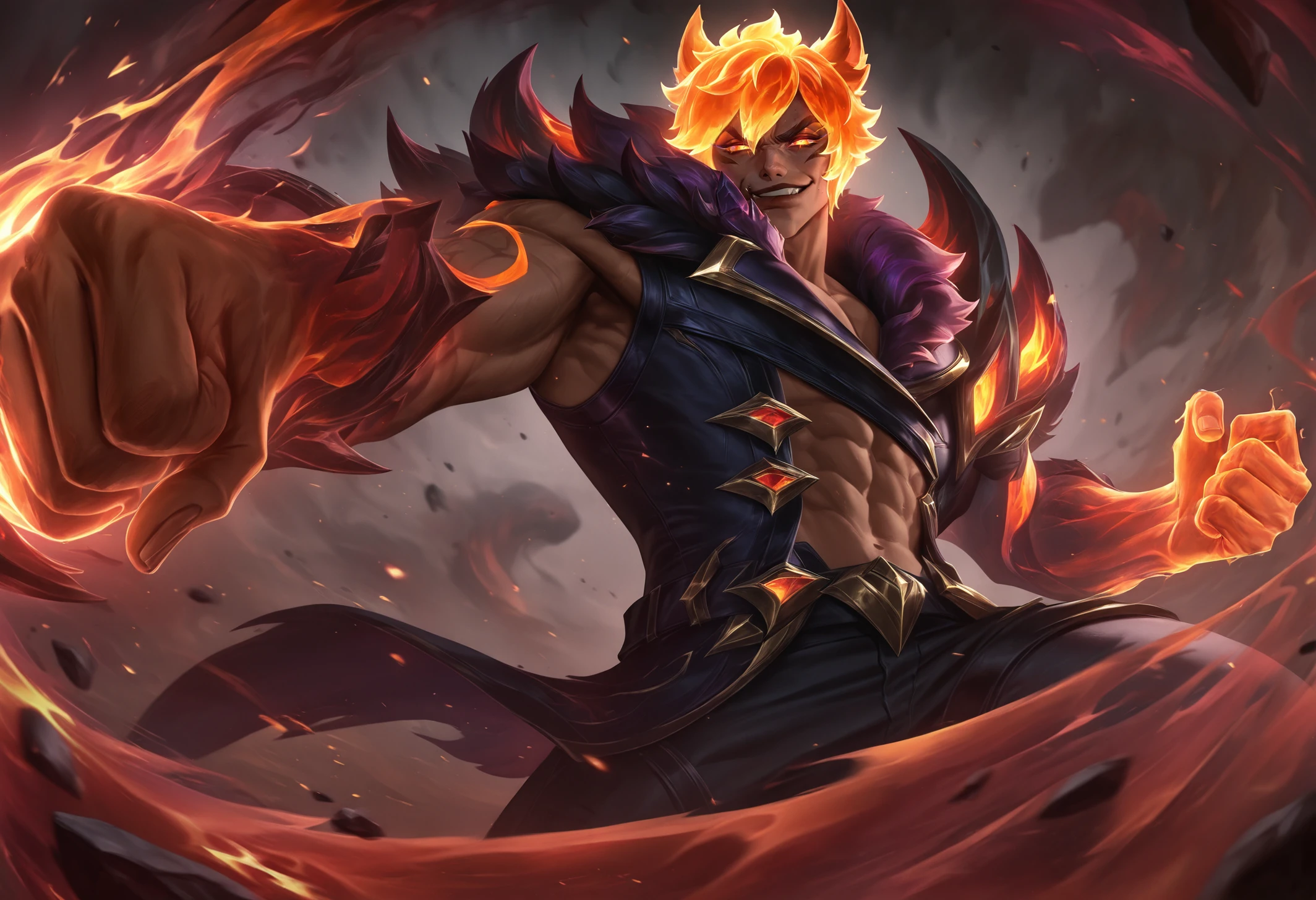 best quality, masterpiece \(quality\), L0LSPL4SH, year2024, year2023, West Studio, sixmorevodka, 1boy, infernal sett, sett \(league of legends\), infernal, clenched hand, punching, glowing hand, foreshortening, abs, smirk, glowing eyes, incoming punch, flaming hair, fur collar, animal ears, coat, sleeveless coat, <lora:L0LSPL4SH_IllustriousXLv01:1>