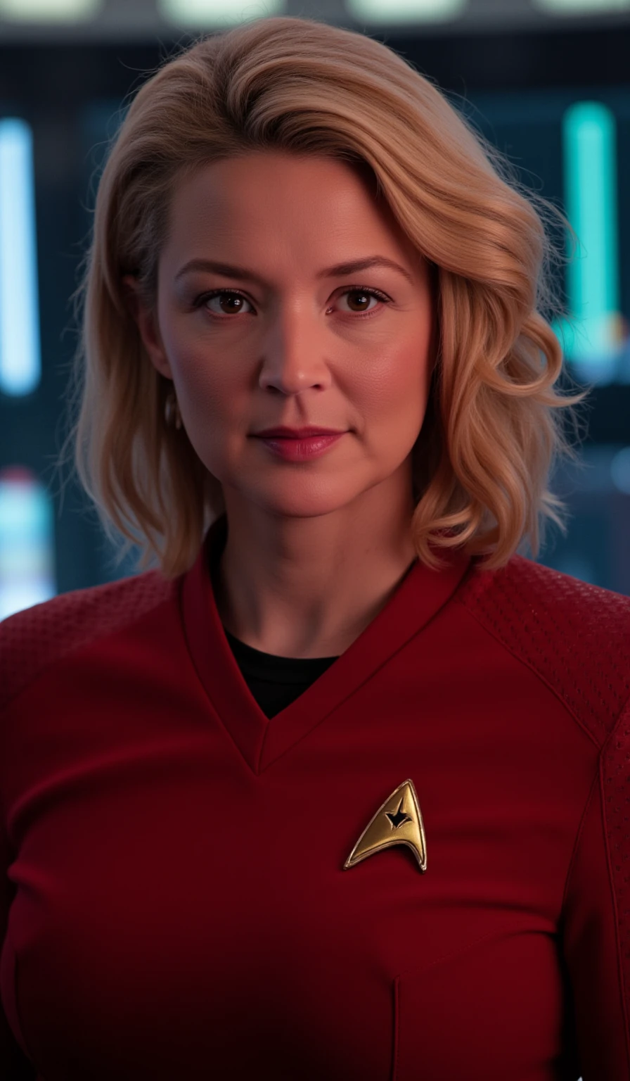 The image is a vibrant detailed portrait of Virginie Efira, a Star Trek officer standing in a spaceship control center, she is wearing a red Star Trek SNW uniform, The woman has shoulder-length, wavy dyed blonde hair styled in loose, voluminous waves. She has a striking, confident expression with her eyes looking directly at the camera and her lips slightly parted, (masterpiece) (best quality), (8k) (HDR) (wallpaper) (cinematic lighting) (sharp focus) (intricate), (RAW, analogue, Nikon Z 14mm ultra-wide angle lens, award-winning glamour photograph, ((best quality)), ((masterpiece)), ((realistic)), skin pores, subsurface scattering, radiant light rays, high-res, detailed facial features, high detail, sharp focus, smooth, aesthetic, extremely detailed, (extremely detailed eyes, extremely detailed iris), extremely detailed hair, extremely detailed skin, extremely detailed clothes, octane render, photorealistic, realistic, post-processing, max detail, realistic shadows, roughness, natural skin texture, real life, ultra-realistic, photorealism, photography, 8k UHD, photography, hdr, intricate, elegant, highly detailed, sharp focus, stunning, beautiful, gorgeous), best quality, full body portrait, center, human,  anatomy, (star trek logo on chest), 