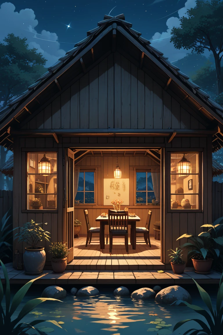 score_9, score_8_up, score_7_up, source_anime, rating_safe, night, natural lighting, straw hut focus, hut_tree, hut_clutter, hut_plant, hut_table, hut_chair, hut_door, hut_window, intricately detailed illustration, Candihut, wide shot, negative space, outdoors-indoors, blue theme, water, lamp, magic particles