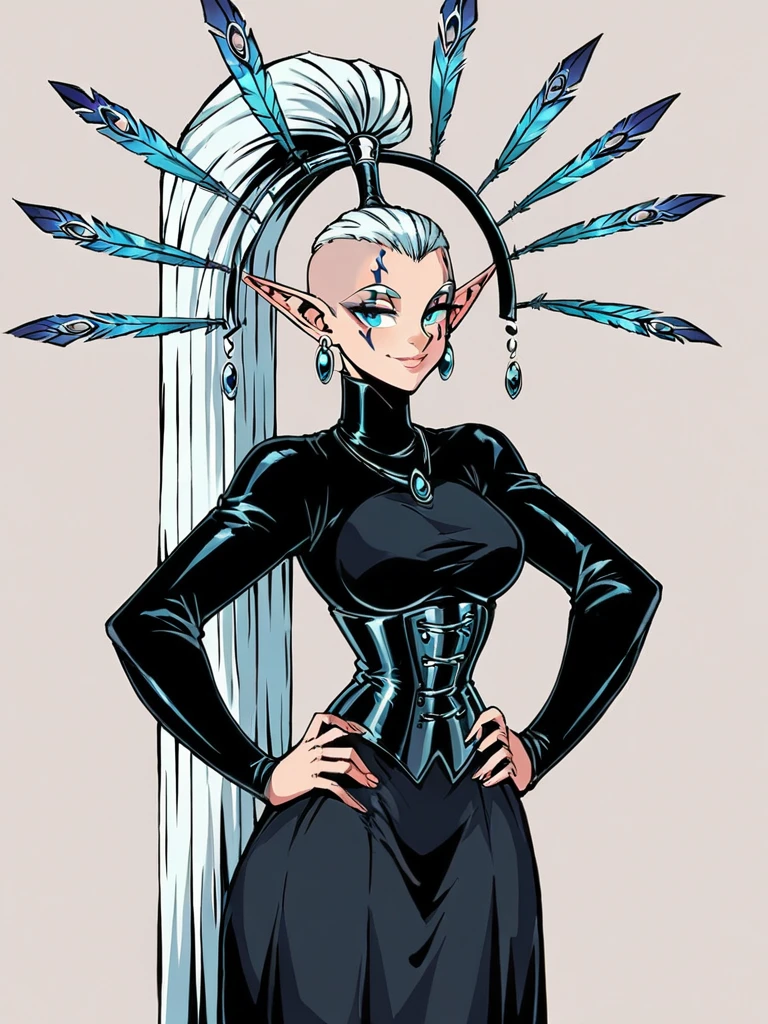 score_9, score_8_up, score_7_up, 
1girl,  yvraine, white hair, high ponytail, long ponytail, shaved head, pointy ears, blue eyes,
feather headdress,
facial marks,
smile, narrowed eyes, looking at viewer, black dress, long sleeves, long skirt, corset, hands on hips, indoors, turtleneck,
simple background,

