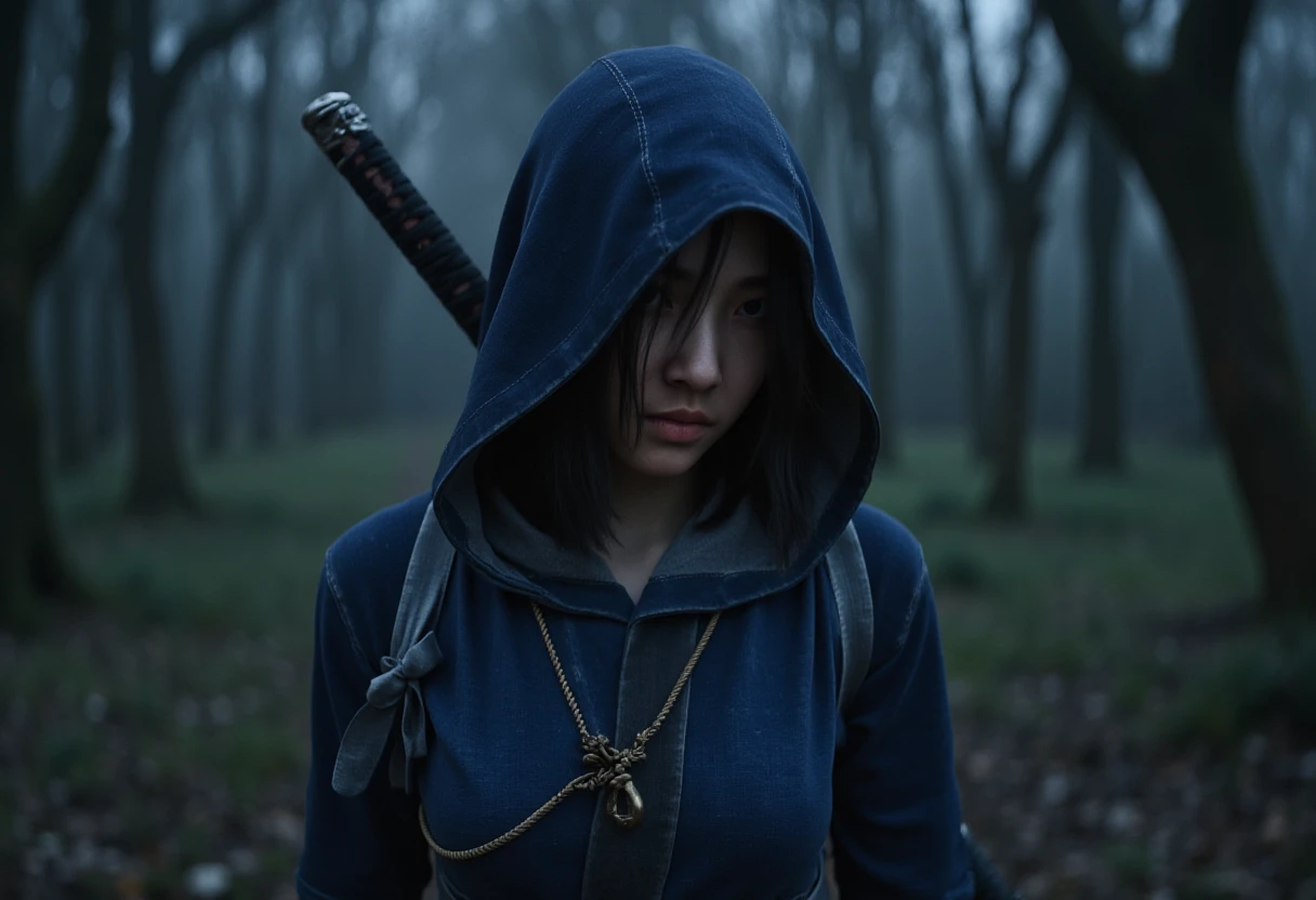 An oil painting of a ACNaoe woman with dark brown, shoulder-length, and slightly messy hair wearing a dark blue ninja hooded outfit in a forest at night with her hand on a katana behind her back